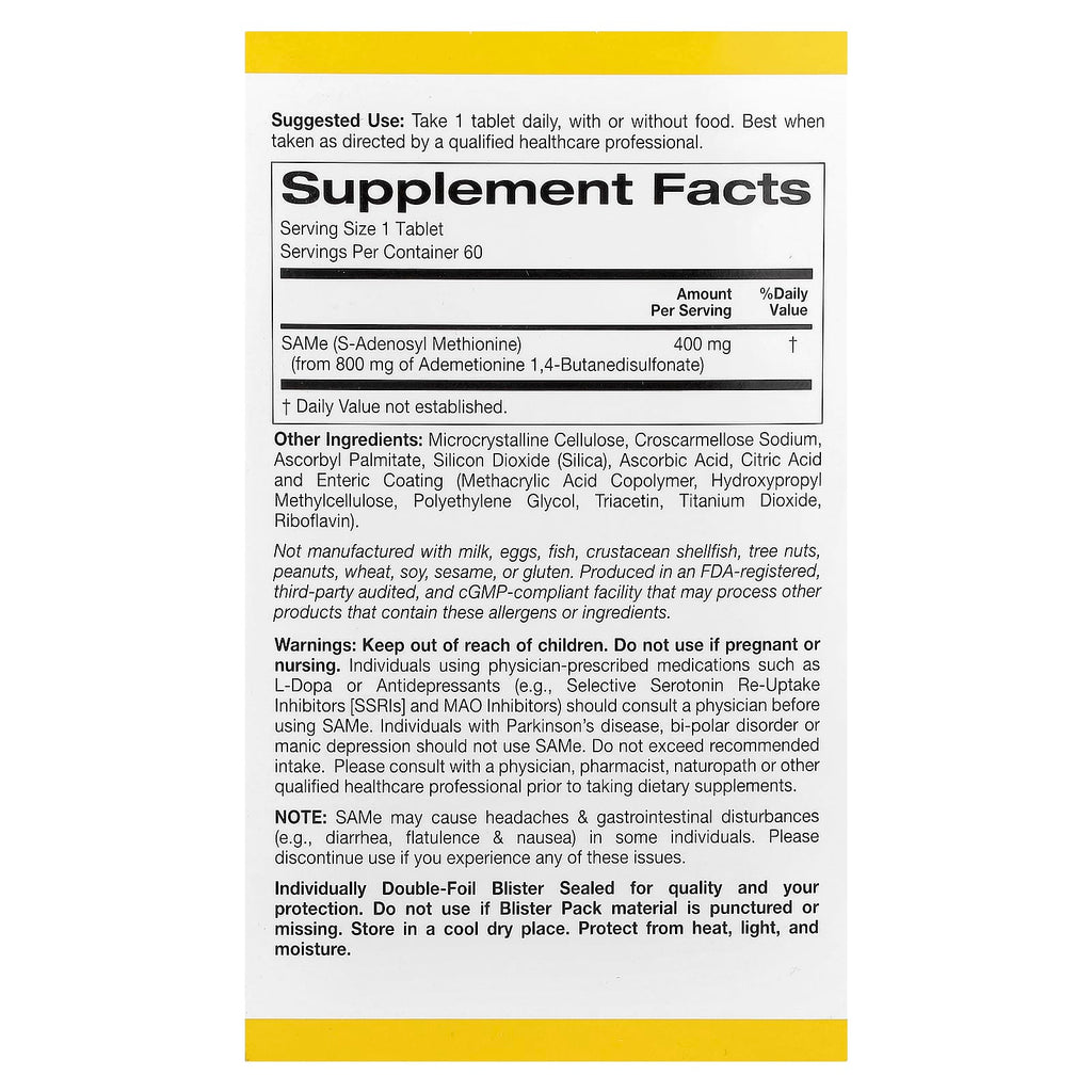 California Gold Nutrition, SAMe, Butanedisulfonate, 400 mg, 60 Enteric Coated Tablets