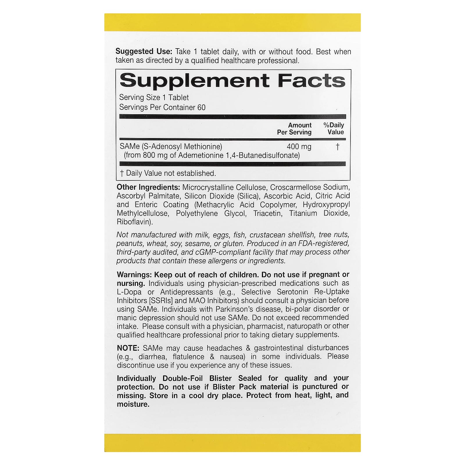 California Gold Nutrition, SAMe, Butanedisulfonate, 400 mg, 60 Enteric Coated Tablets