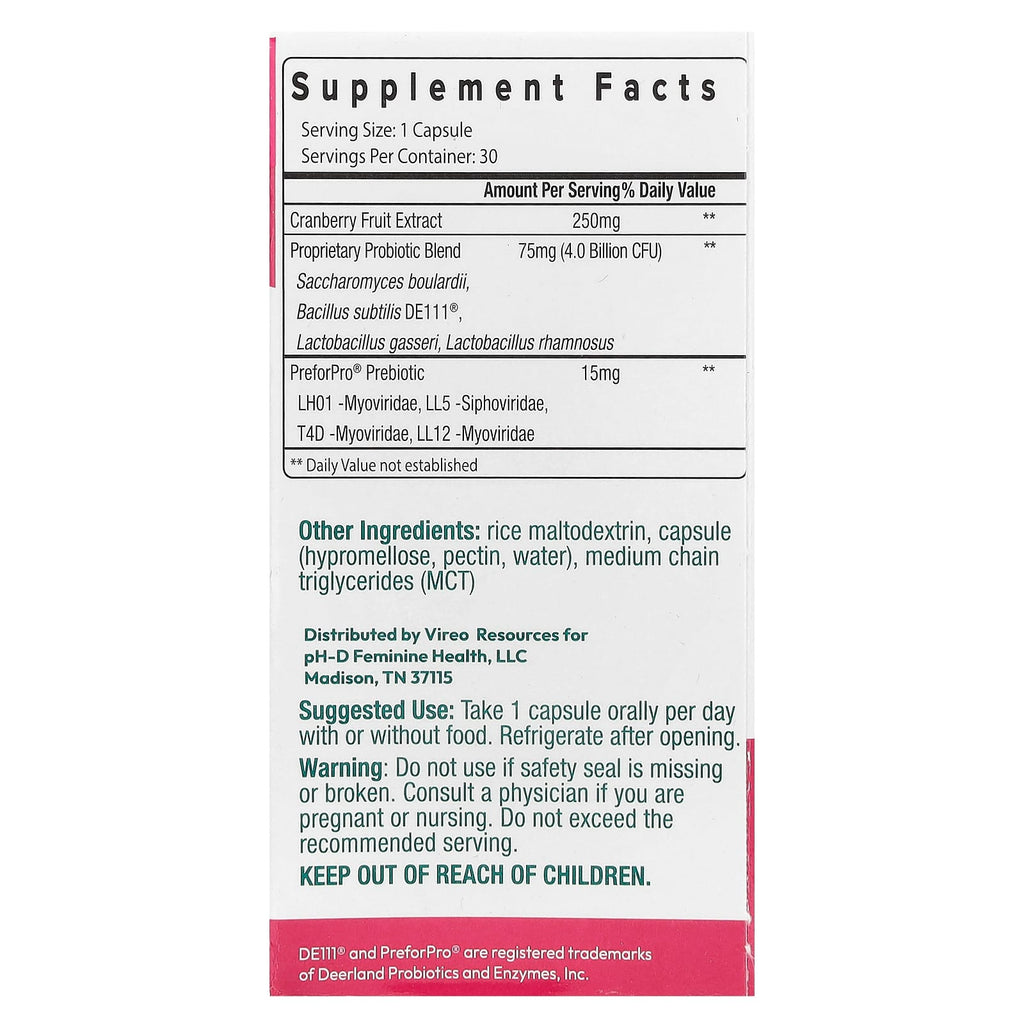 pH-D Feminine Health, Women's Probiotic and Prebiotics With Cranberry, 30 Capsules