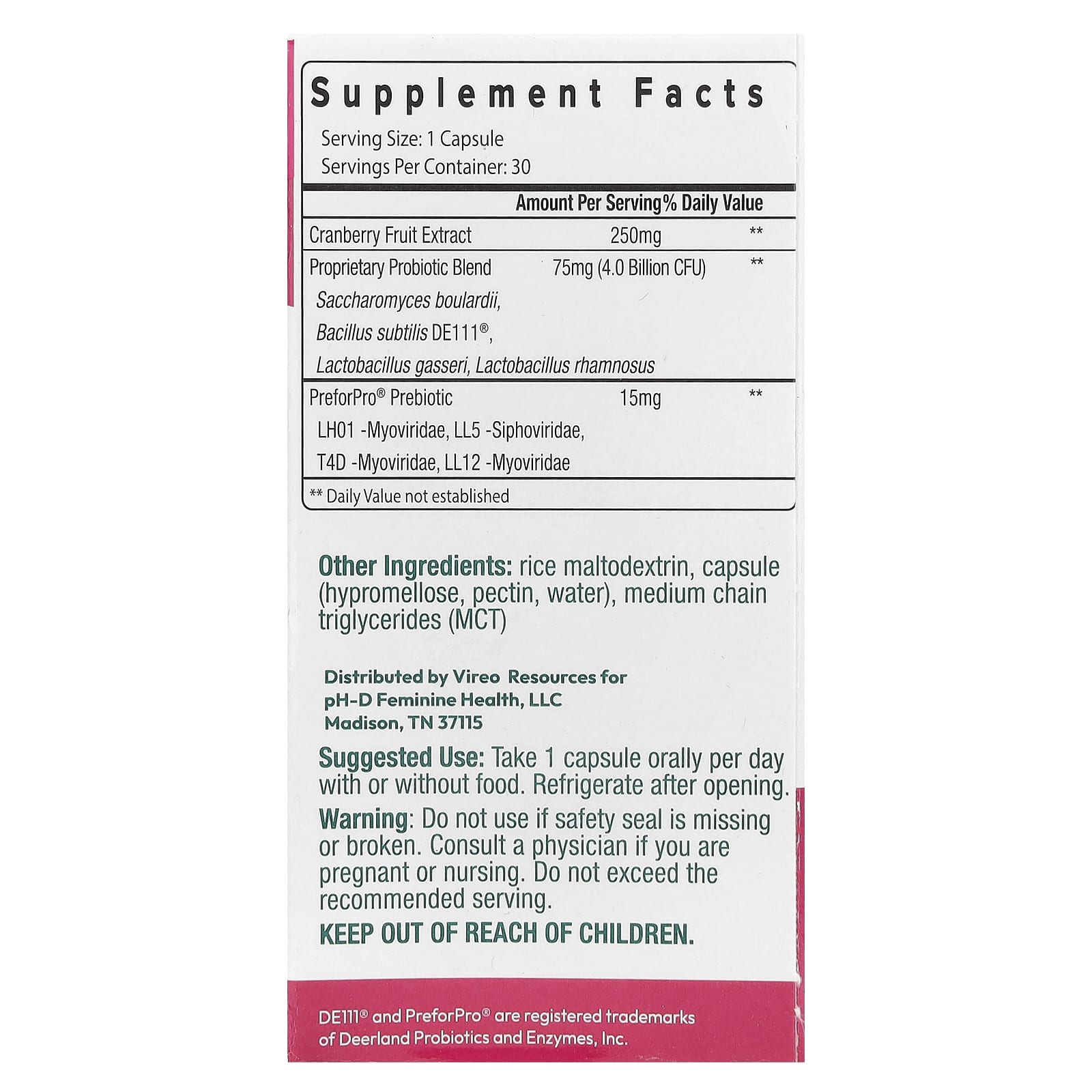 pH-D Feminine Health, Women's Probiotic and Prebiotics With Cranberry, 30 Capsules
