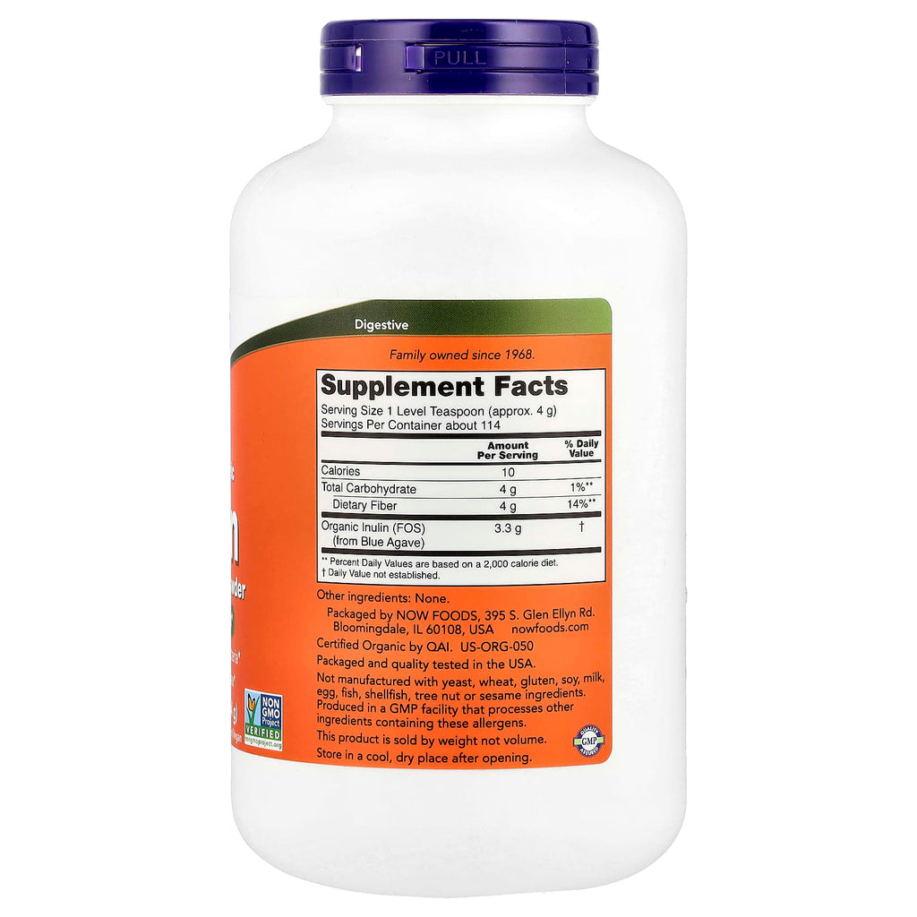 NOW Foods, Certified Organic Inulin, Prebiotic Pure Powder, 1 lb (454 g)