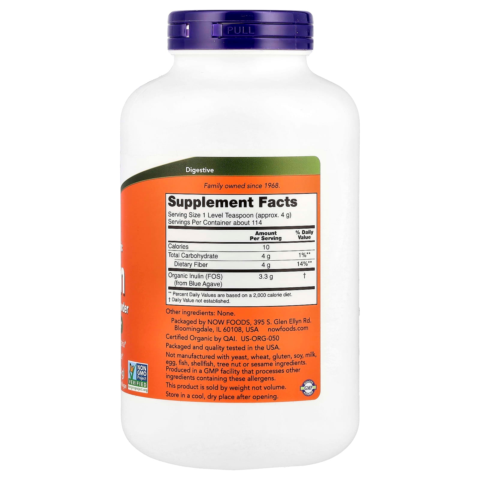NOW Foods, Certified Organic Inulin, Prebiotic Pure Powder, 1 lb (454 g)