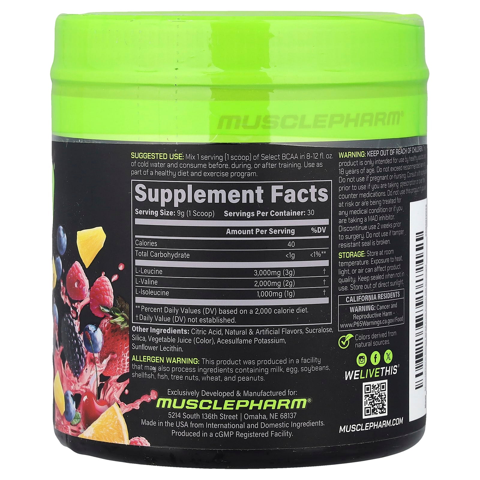 MusclePharm, Select BCAA, Fruit Punch, 9.5 oz (270 g)