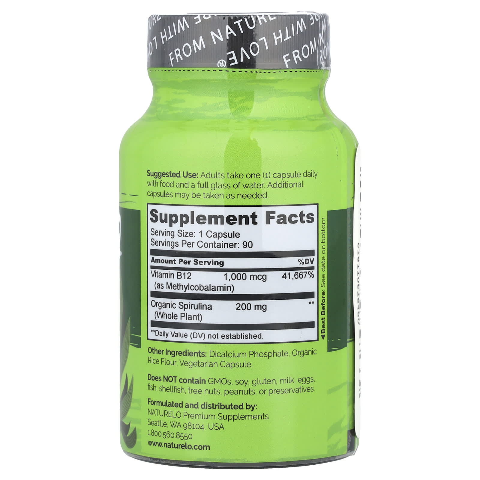NATURELO, Vegan B12 Infused with Spirulina, 90 Easy Swallow Capsules