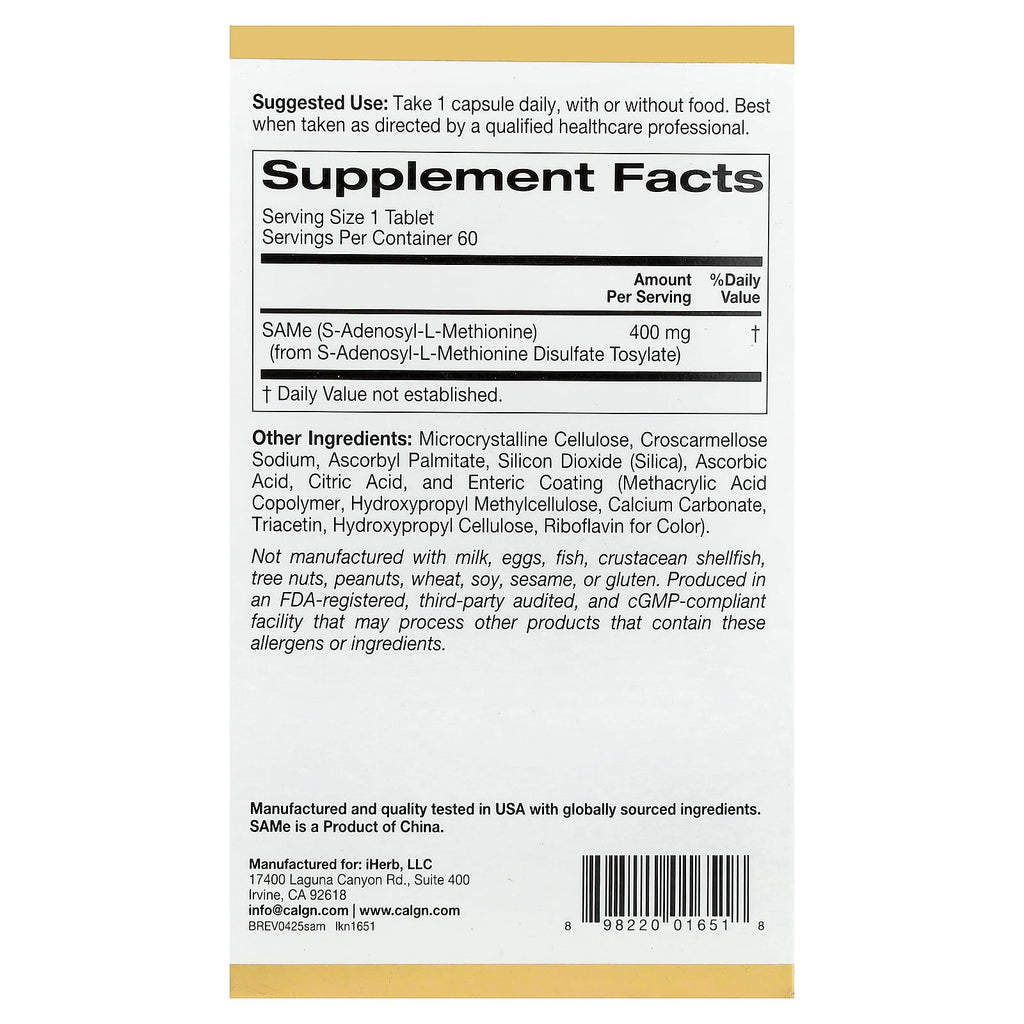 California Gold Nutrition, SAMe, Disulfate Tosylate, 400 mg, 60 Enteric Coated Tablets