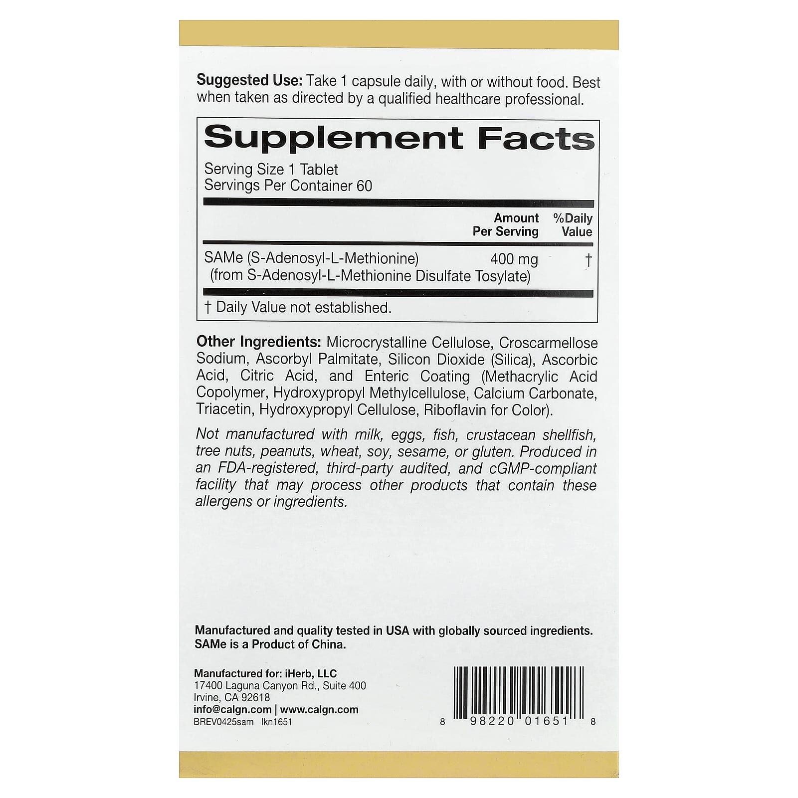 California Gold Nutrition, SAMe, Disulfate Tosylate, 400 mg, 60 Enteric Coated Tablets