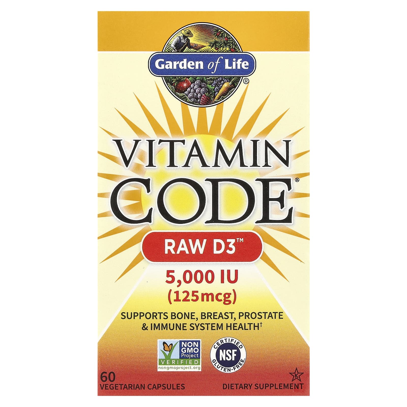 Garden of Life, Vitamin Code®, RAW D3™, 125 mcg (5,000 IU), 60 Vegetarian Capsules