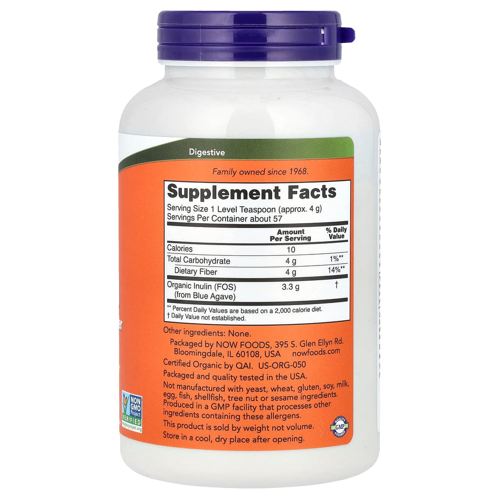 NOW Foods, Certified Organic Inulin, Prebiotic Pure Powder, 8 oz (227 g)