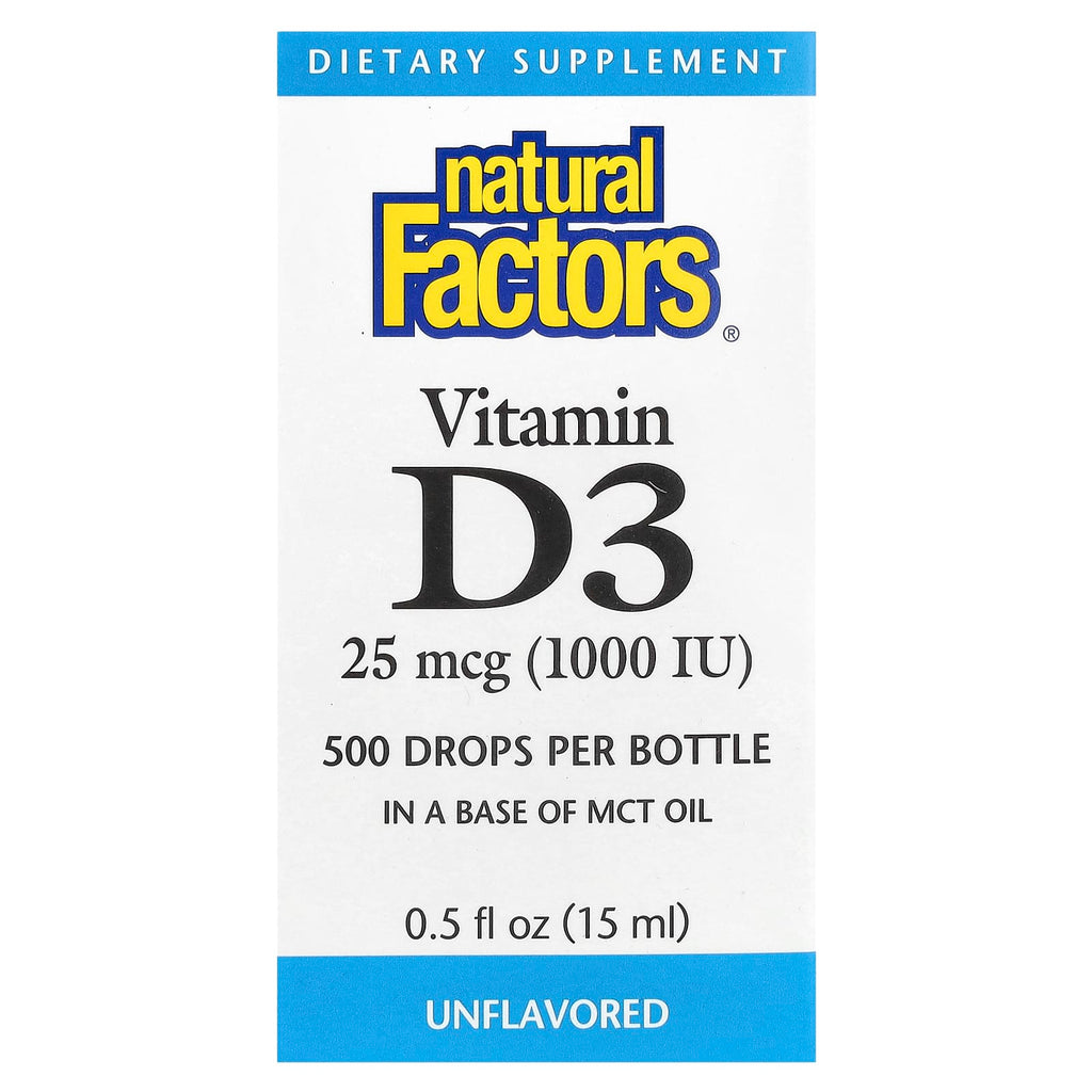 Natural Factors, Vitamin D3 Drops, Unflavored, 25 mcg (1,000 IU), 0.5 fl oz (15 ml)