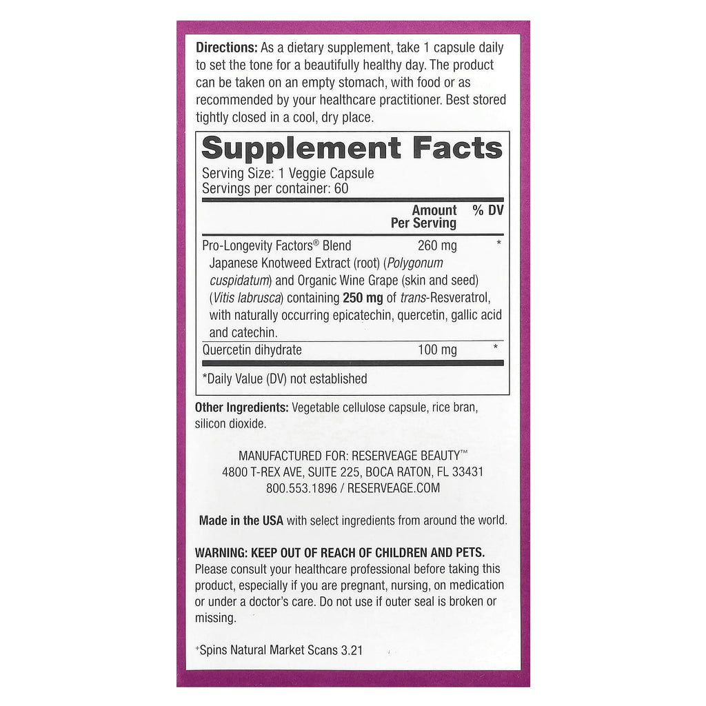 Reserveage Beauty, Resveratrol, Trans-Resveratrol, 60 Veggie Capsules