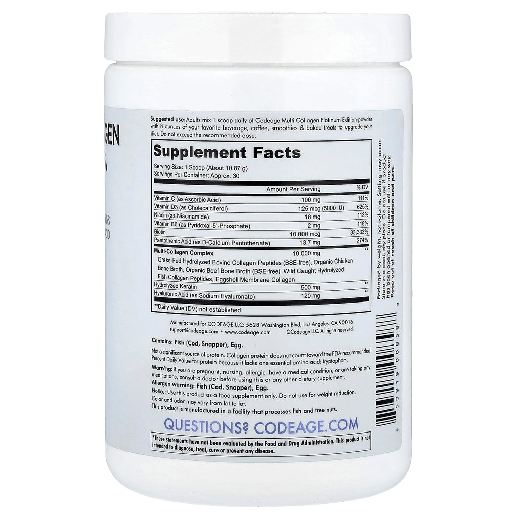 Codeage, Multi Collagen Peptides Powder, Platinum, Unflavored, 11.5 oz (326 g)