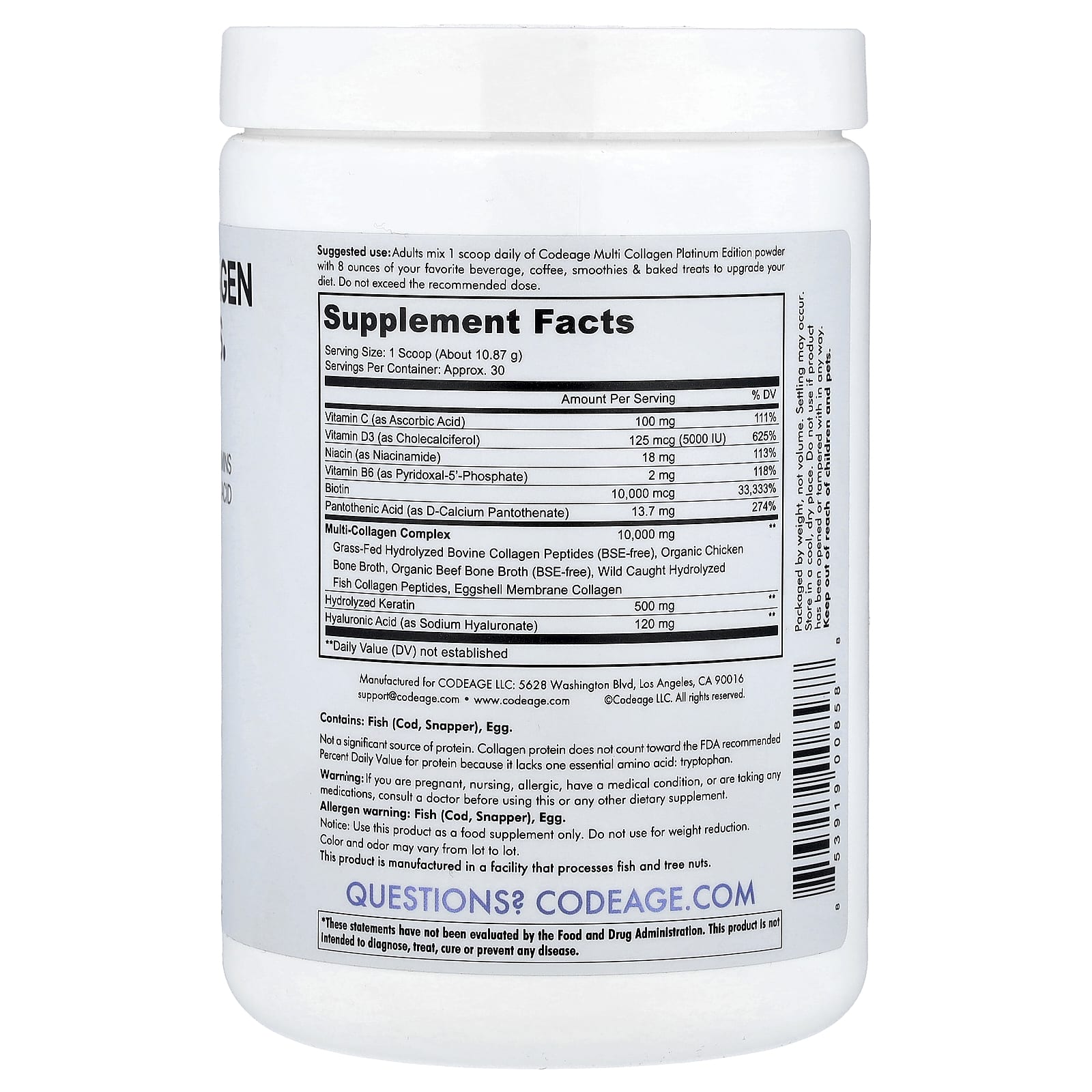 Codeage, Multi Collagen Peptides Powder, Platinum, Unflavored, 11.5 oz (326 g)