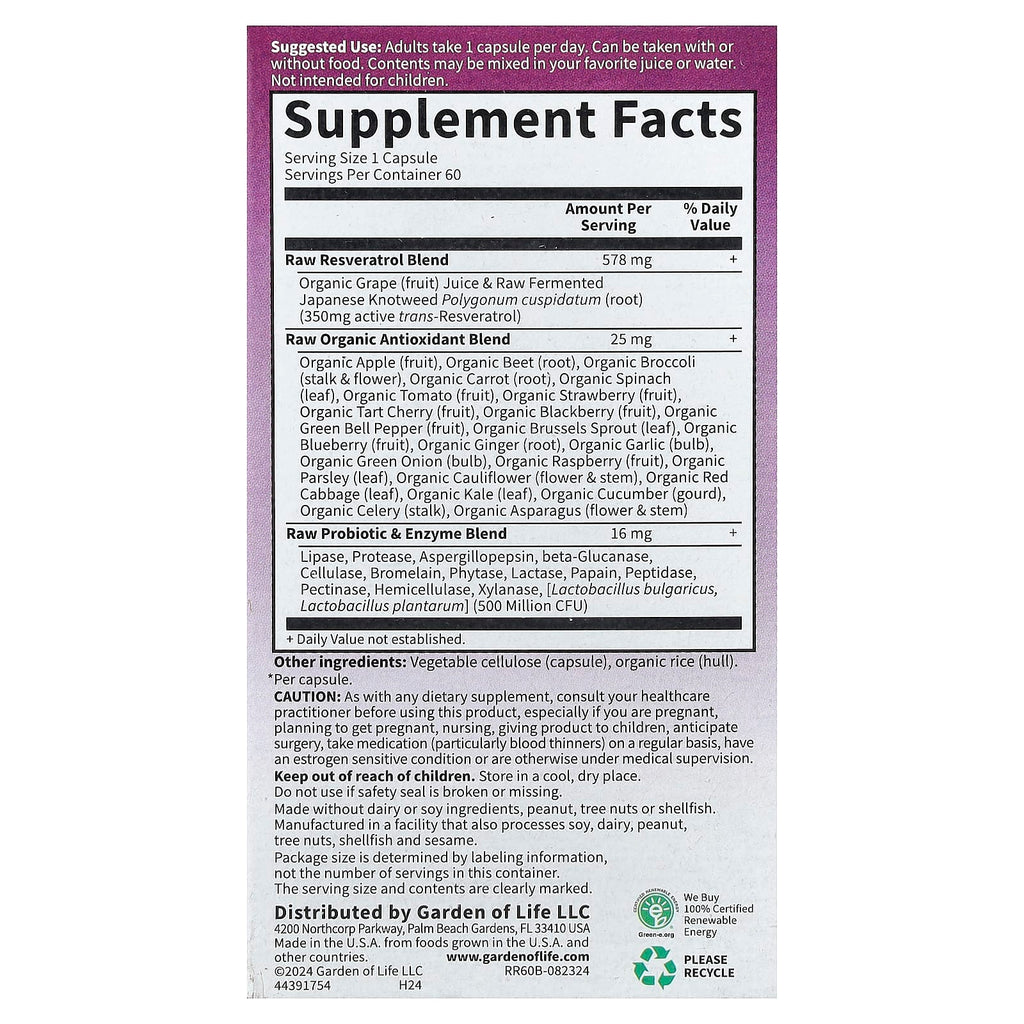 Garden of Life, RAW Resveratrol, 350 mg, 60 Vegan Capsules