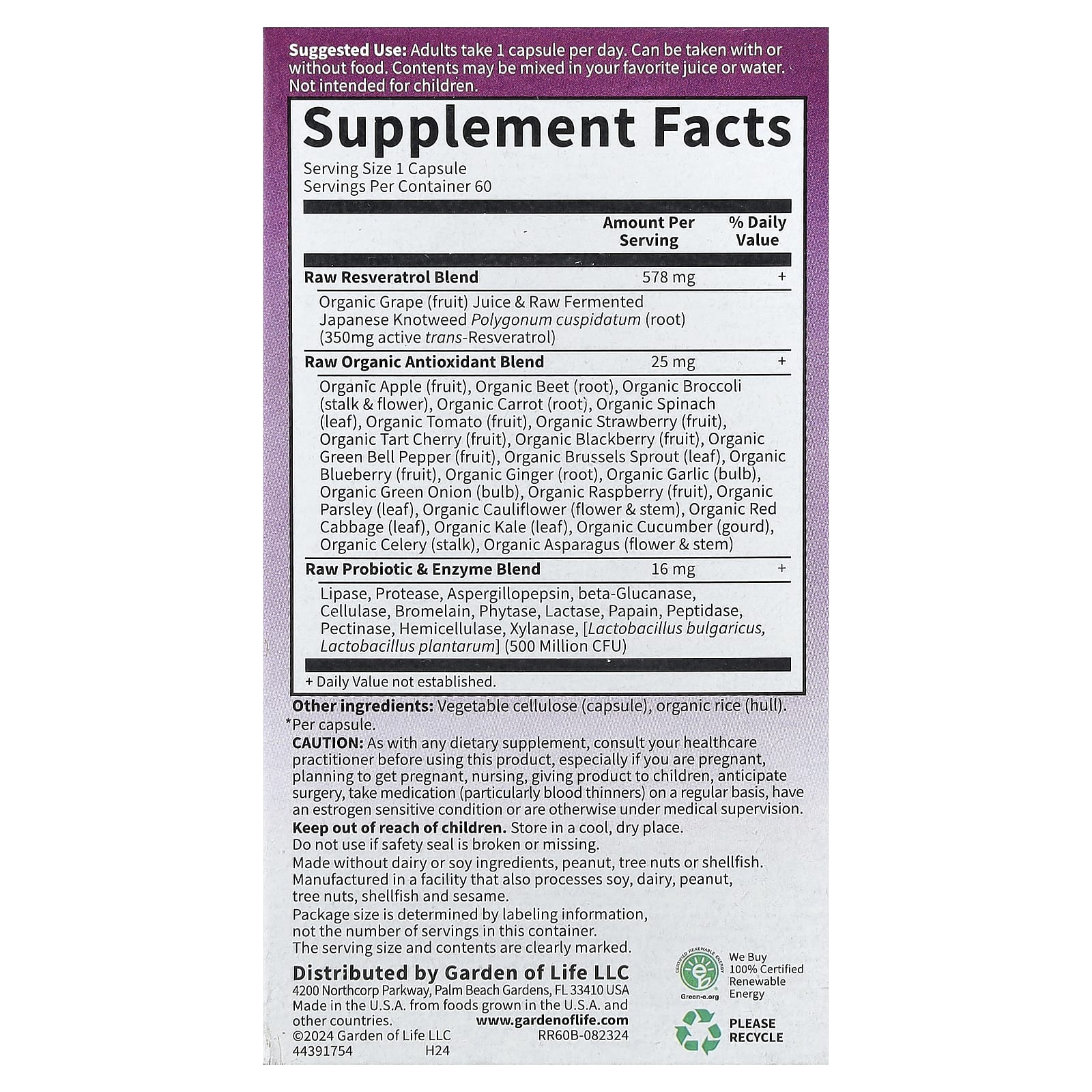 Garden of Life, RAW Resveratrol, 350 mg, 60 Vegan Capsules