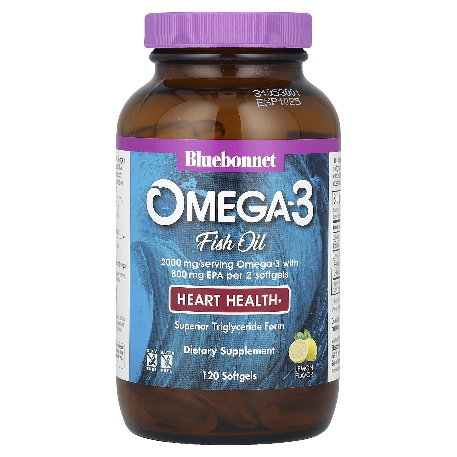 Bluebonnet Nutrition, Omega-3 Fish Oil, Heart Health, Lemon, 120 Softgels (1,000 mg per Softgel)