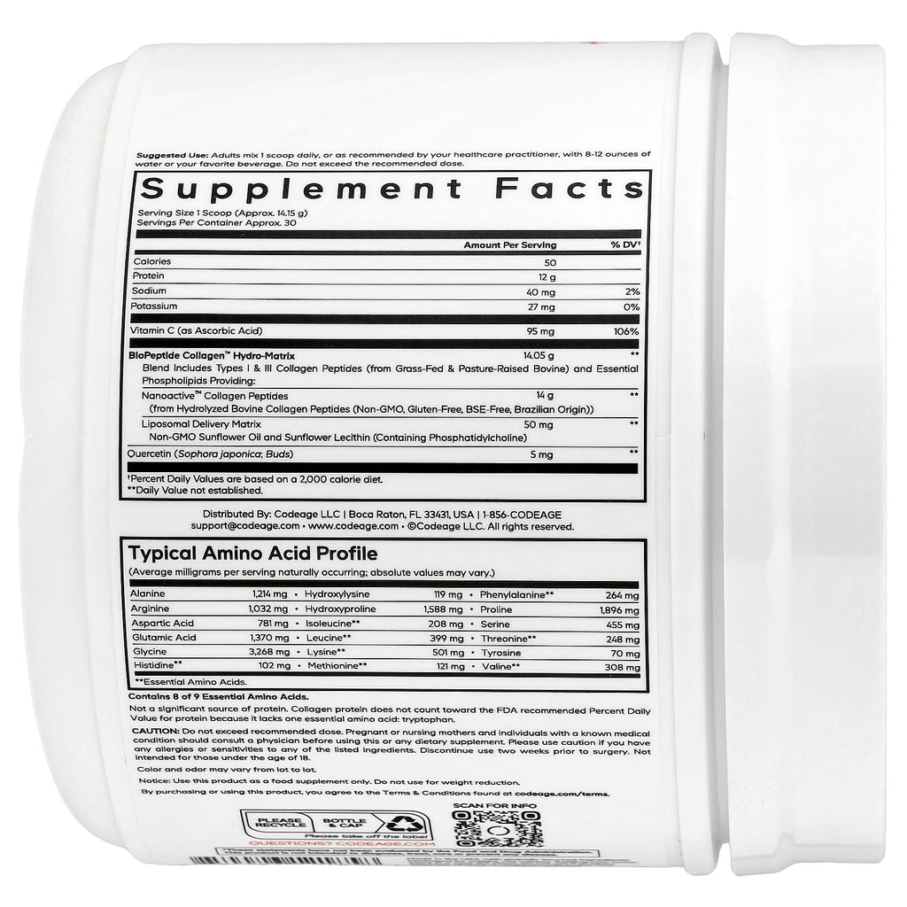 Codeage, Liposomal Collagen Peptides+ Powder, Unflavored, 14.97 oz (424.5 g)
