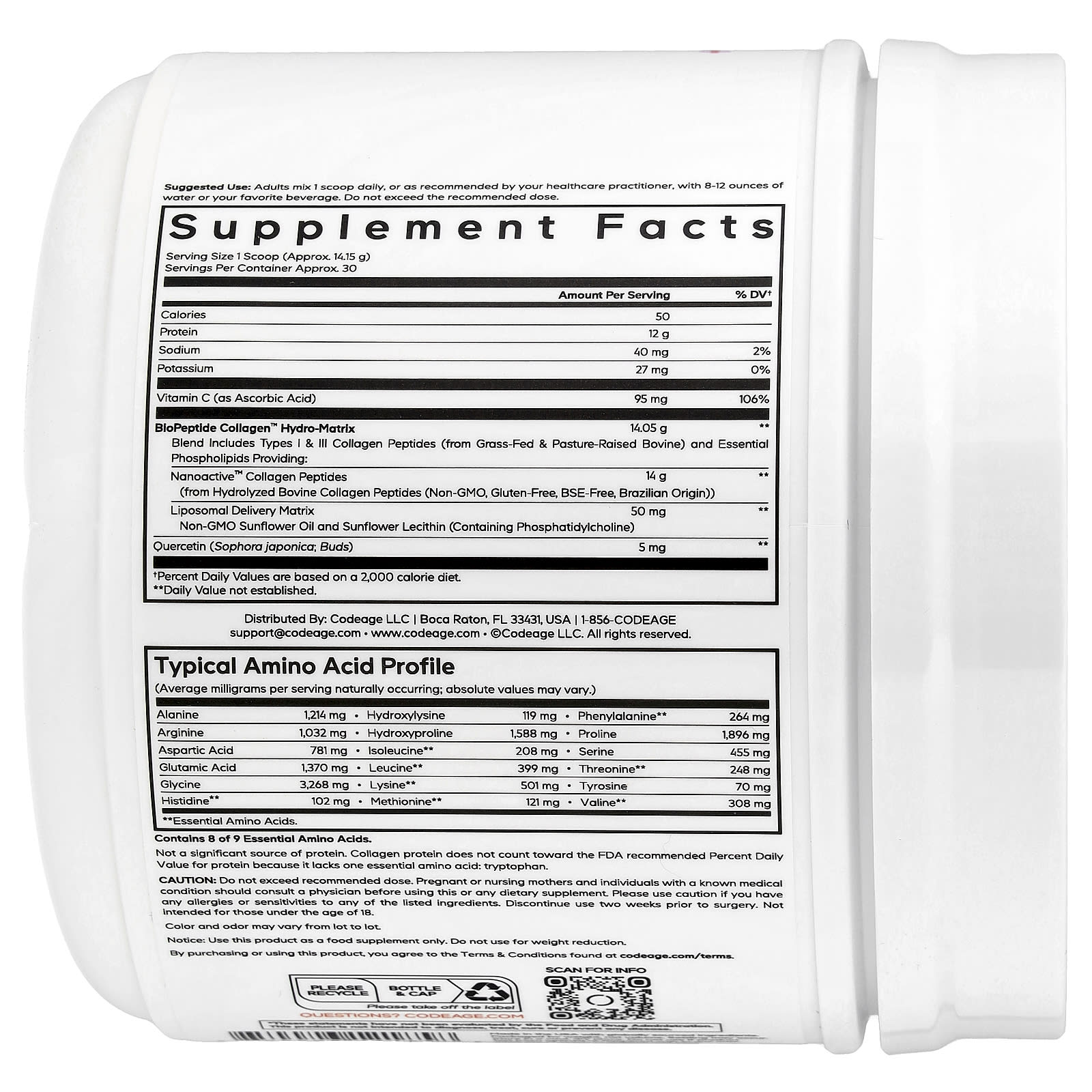 Codeage, Liposomal Collagen Peptides+ Powder, Unflavored, 14.97 oz (424.5 g)