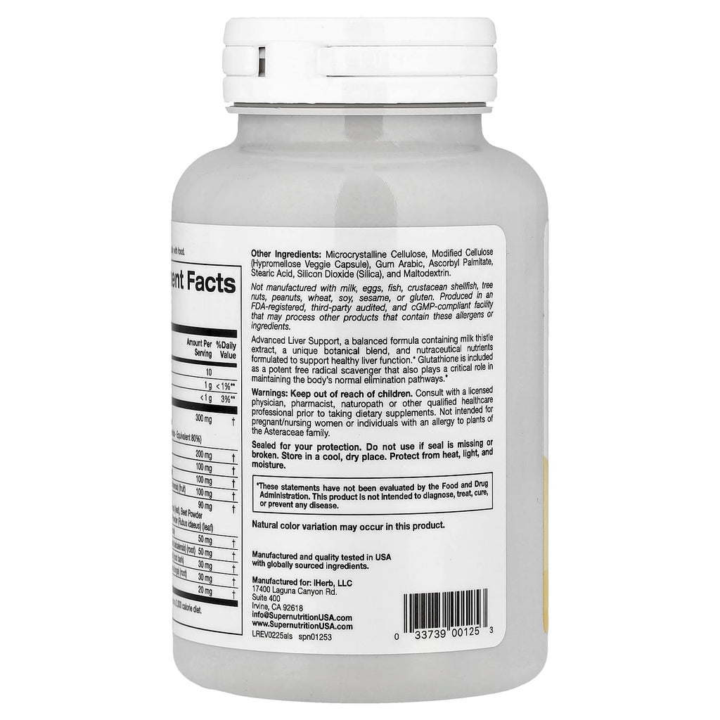 Super Nutrition, Advanced Liver Support with Milk Thistle Extract, L-Glutathione, Alpha Lipoic Acid, and Grape Seed Extract, 90 Veggie Capsules