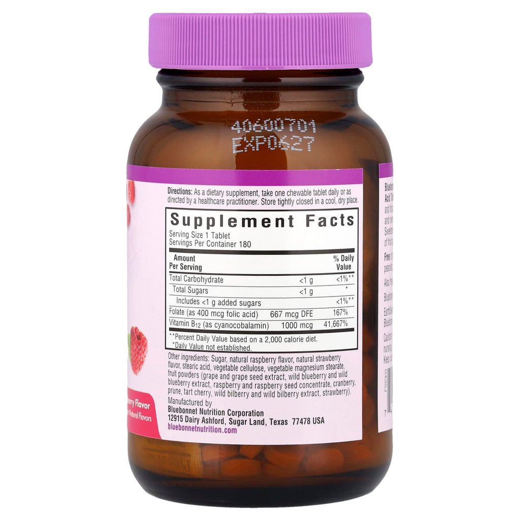 Bluebonnet Nutrition, EarthSweet® Chewables, Vitamin B-12 & Folic Acid, Raspberry, 180 Chewable Tablets