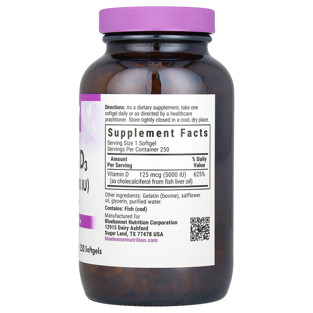 Bluebonnet Nutrition, Vitamin D3, 125 mcg (5,000 IU), 250 Softgels
