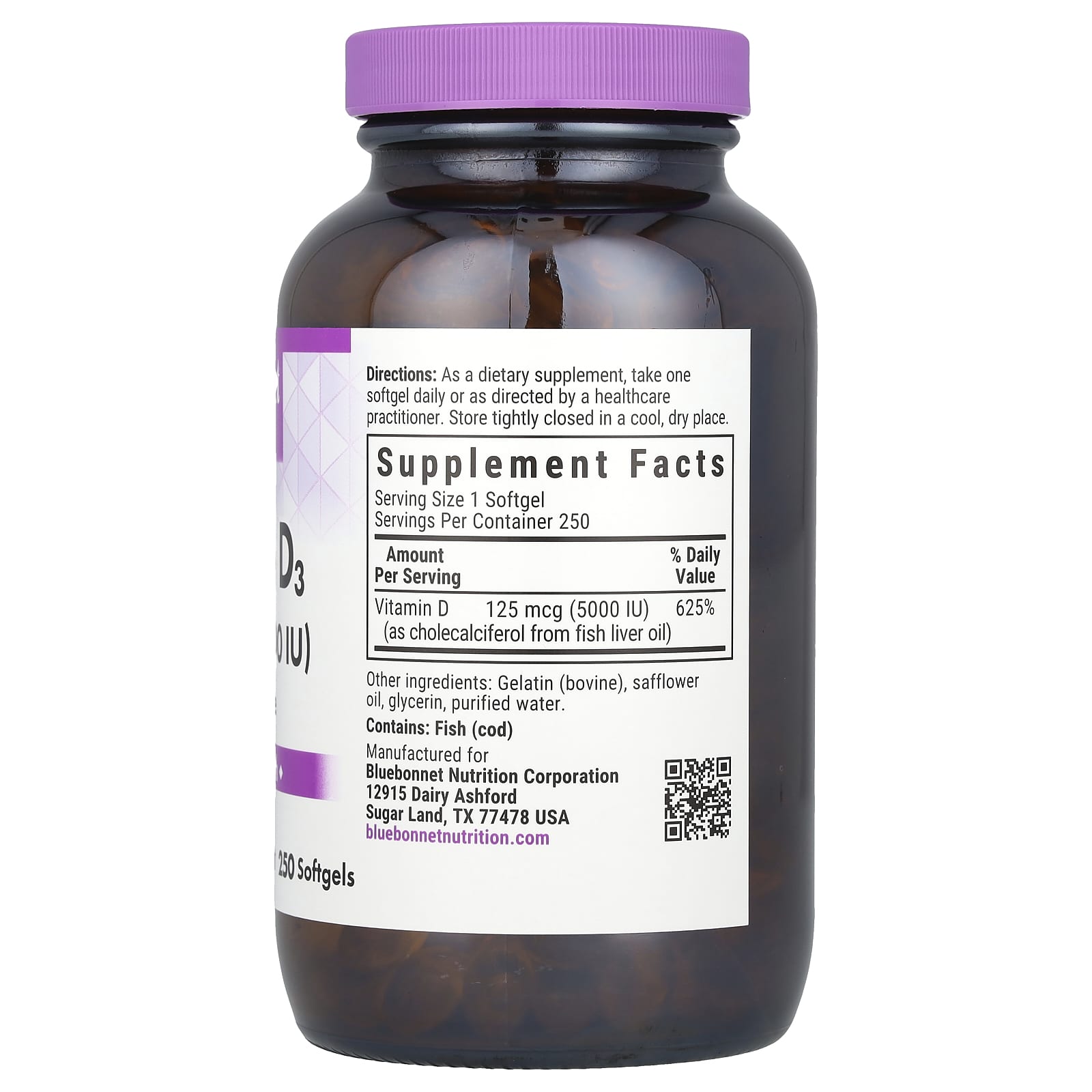 Bluebonnet Nutrition, Vitamin D3, 125 mcg (5,000 IU), 250 Softgels