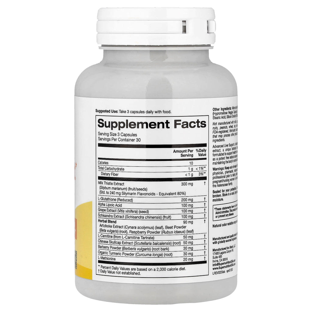 Super Nutrition, Advanced Liver Support with Milk Thistle Extract, L-Glutathione, Alpha Lipoic Acid, and Grape Seed Extract, 90 Veggie Capsules