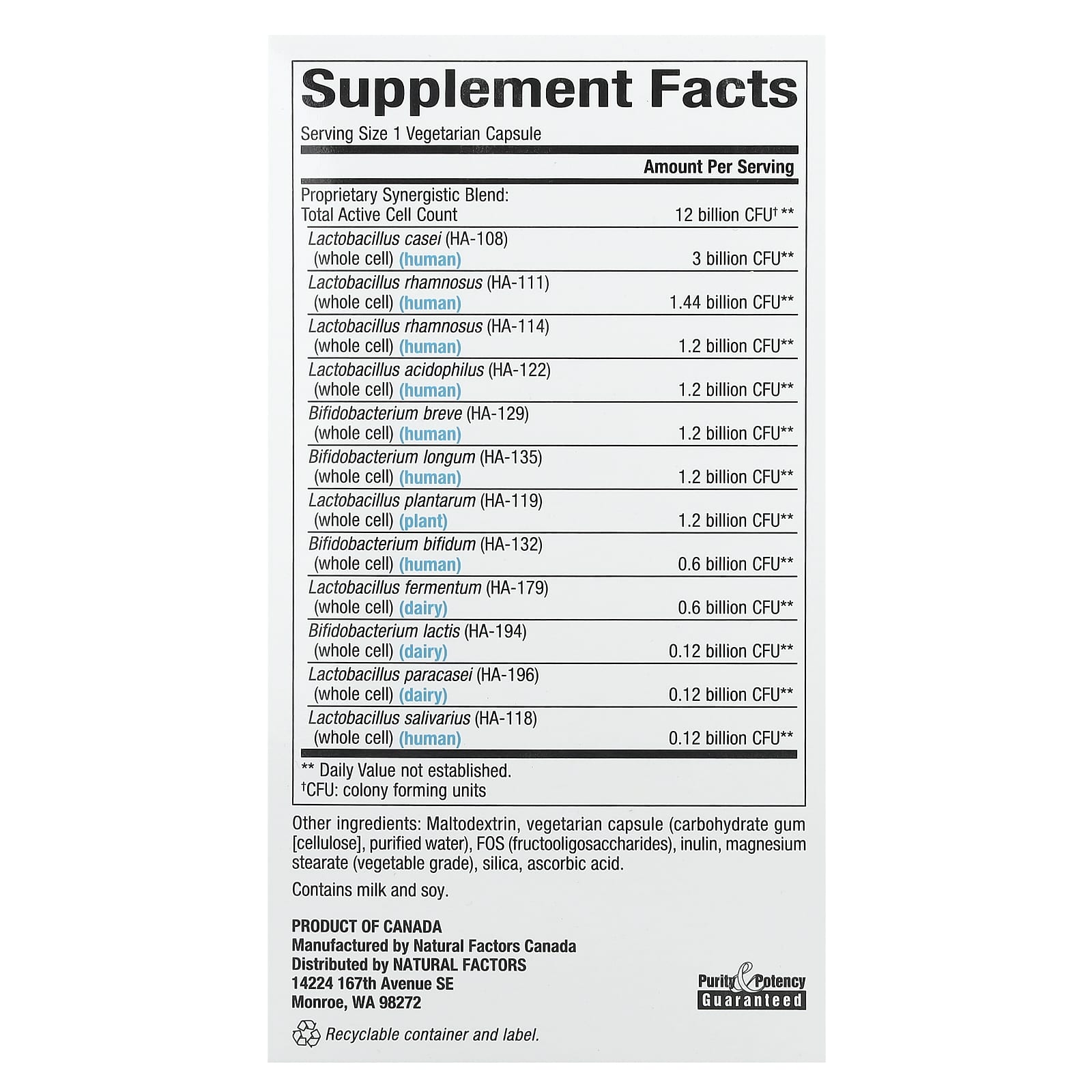 Natural Factors, Ultimate Probiotic, 12/12 Formula, 12 Billion CFU, 120 Vegetarian Capsules