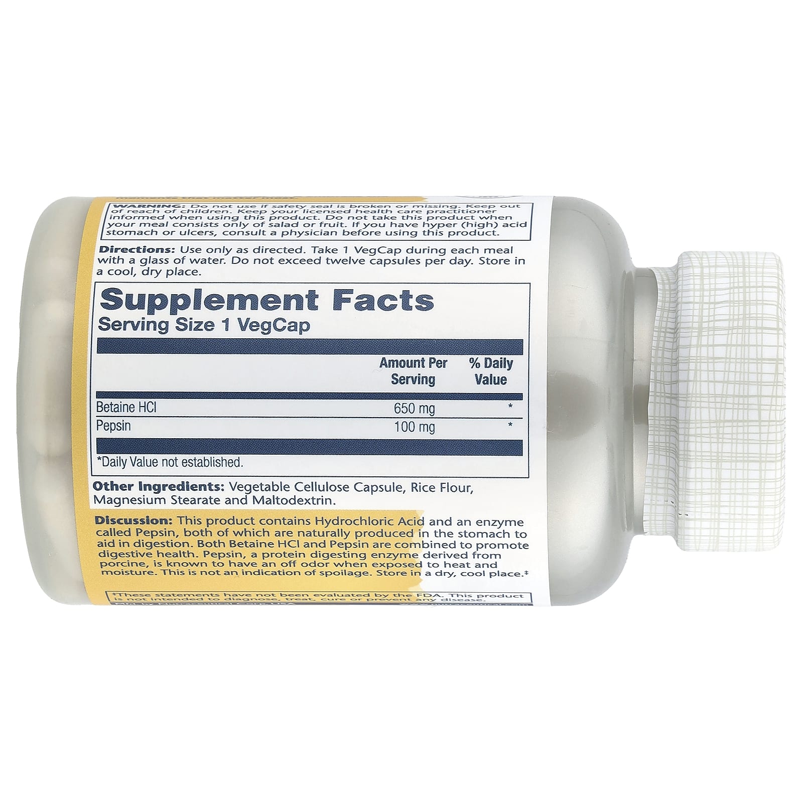 Solaray, High Potency Betaine HCl with Pepsin, 100 VegCaps