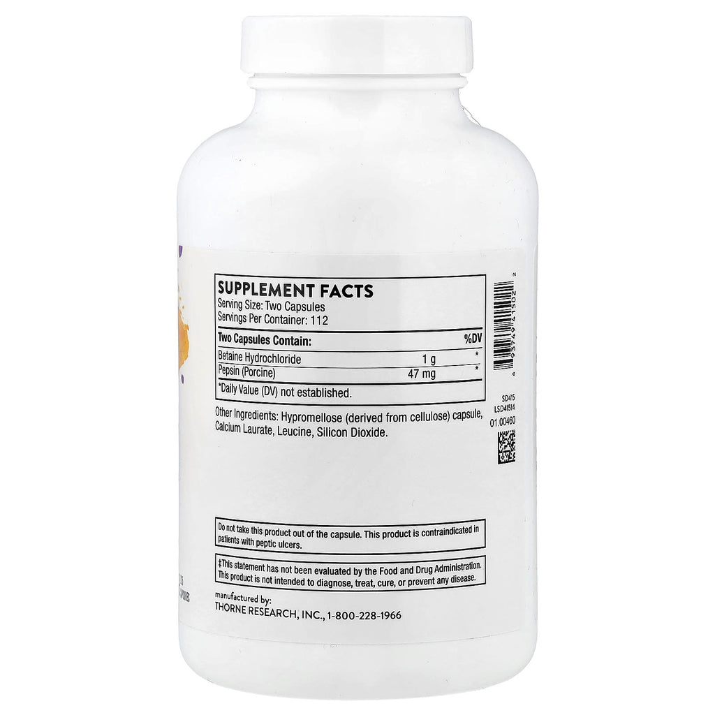 Thorne, Betaine HCL & Pepsin, 225 Capsules