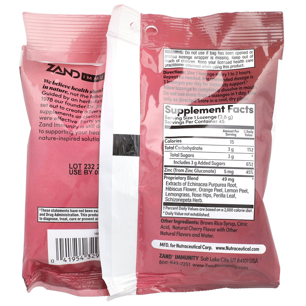 Zand, Immunity, Cherry Echinacea Zinc, Natural, 45 Lozenges