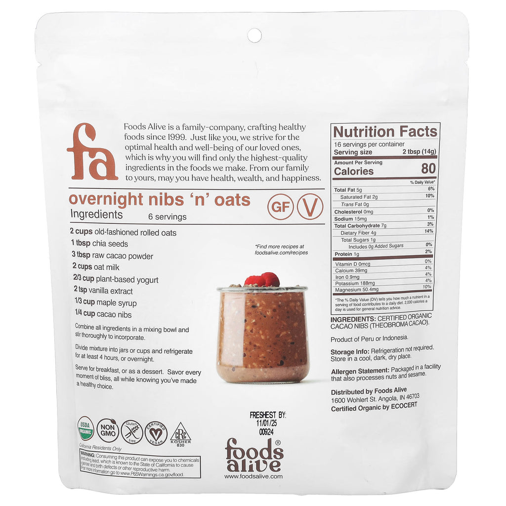 Foods Alive, Organic Cacao Nibs, 8 oz (227 g)