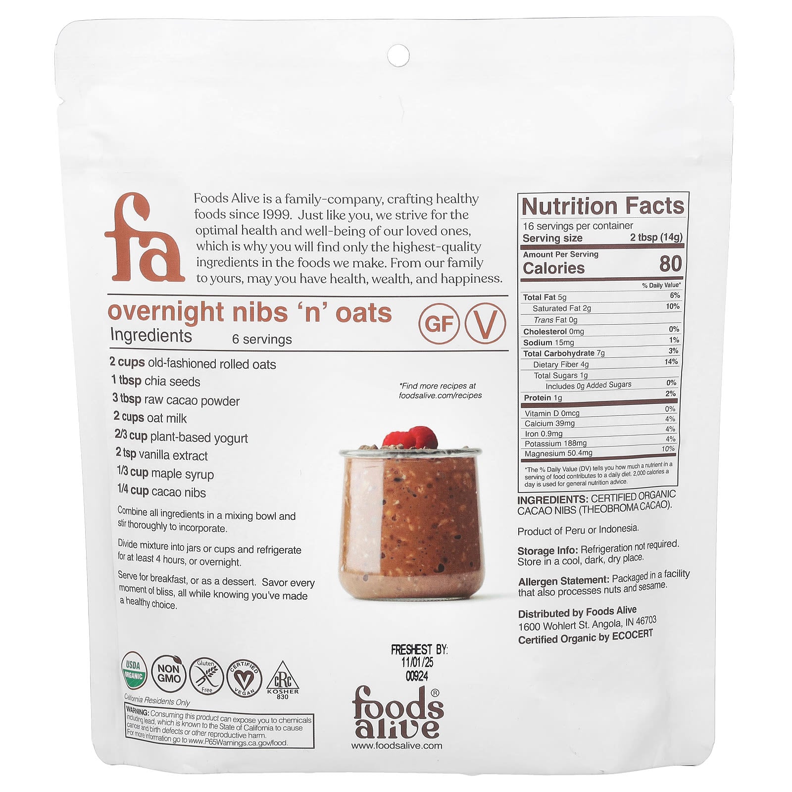 Foods Alive, Organic Cacao Nibs, 8 oz (227 g)
