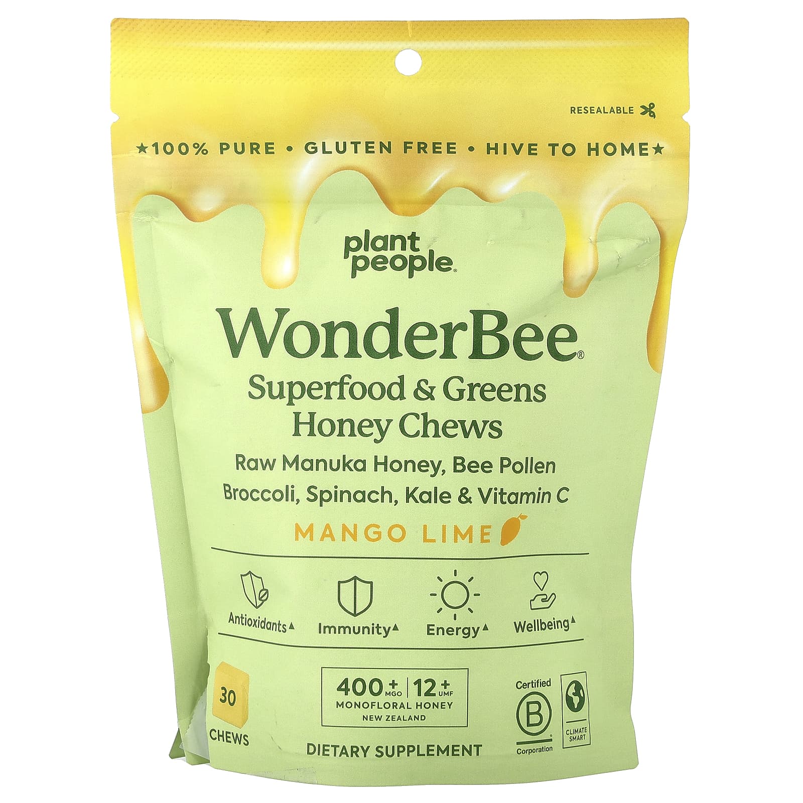 Plant People, WonderBee®, Superfood & Greens Honey Chews, Mango Lime, 30 Chews