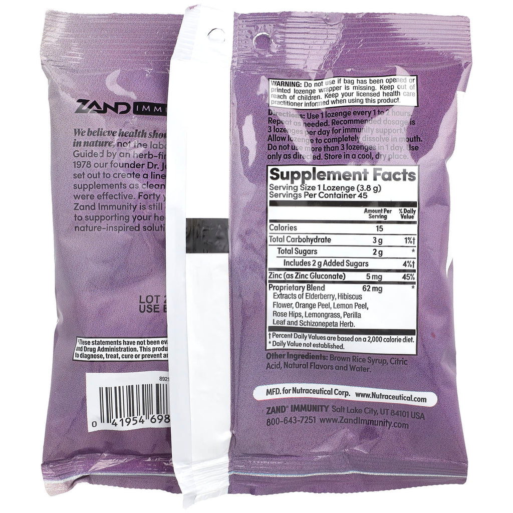 Zand, Immunity, Elderberry Zinc, Natural, 45 Lozenges