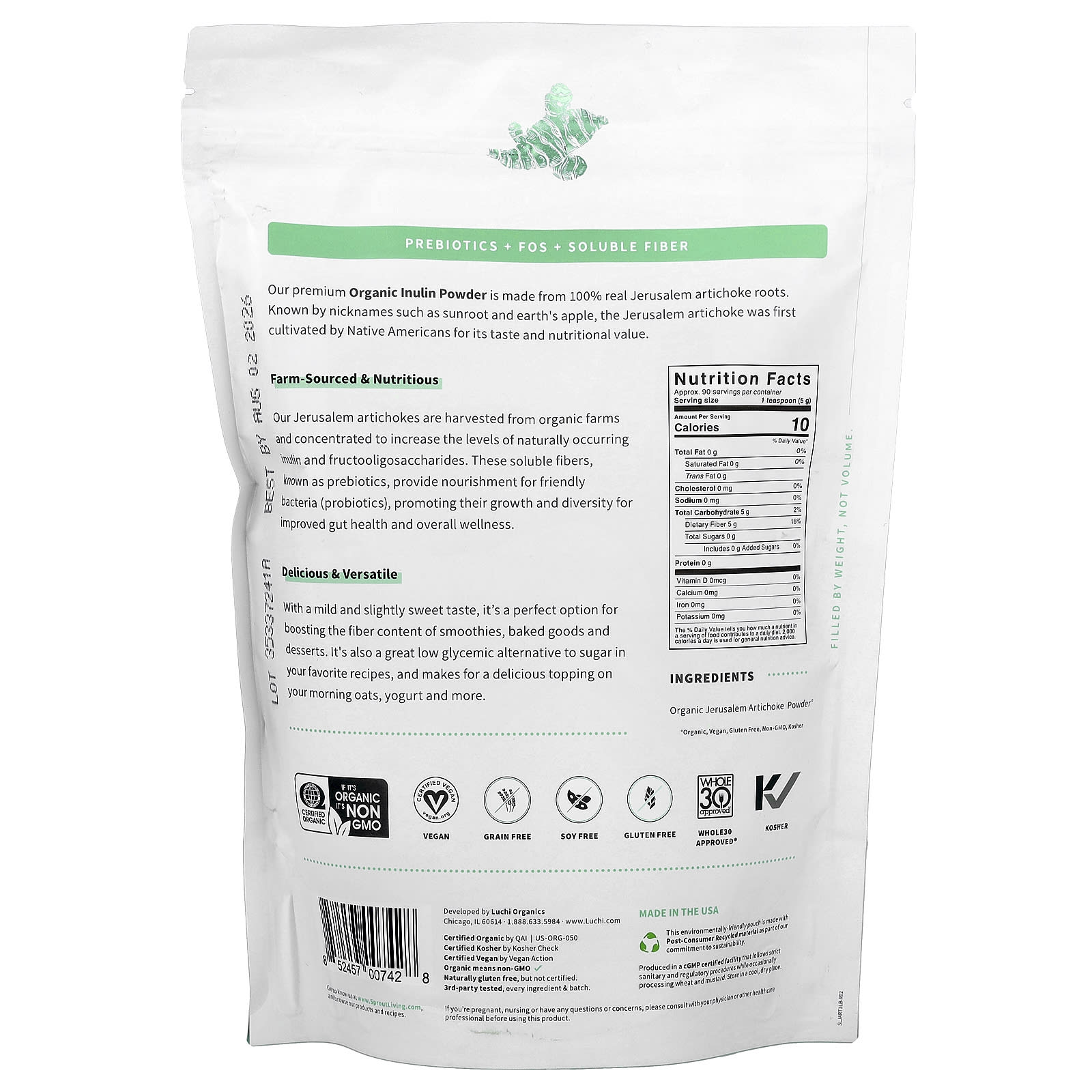Sprout Living, Organic Prebiotic Inulin, Superfood Powder, 1 lb (454 g)