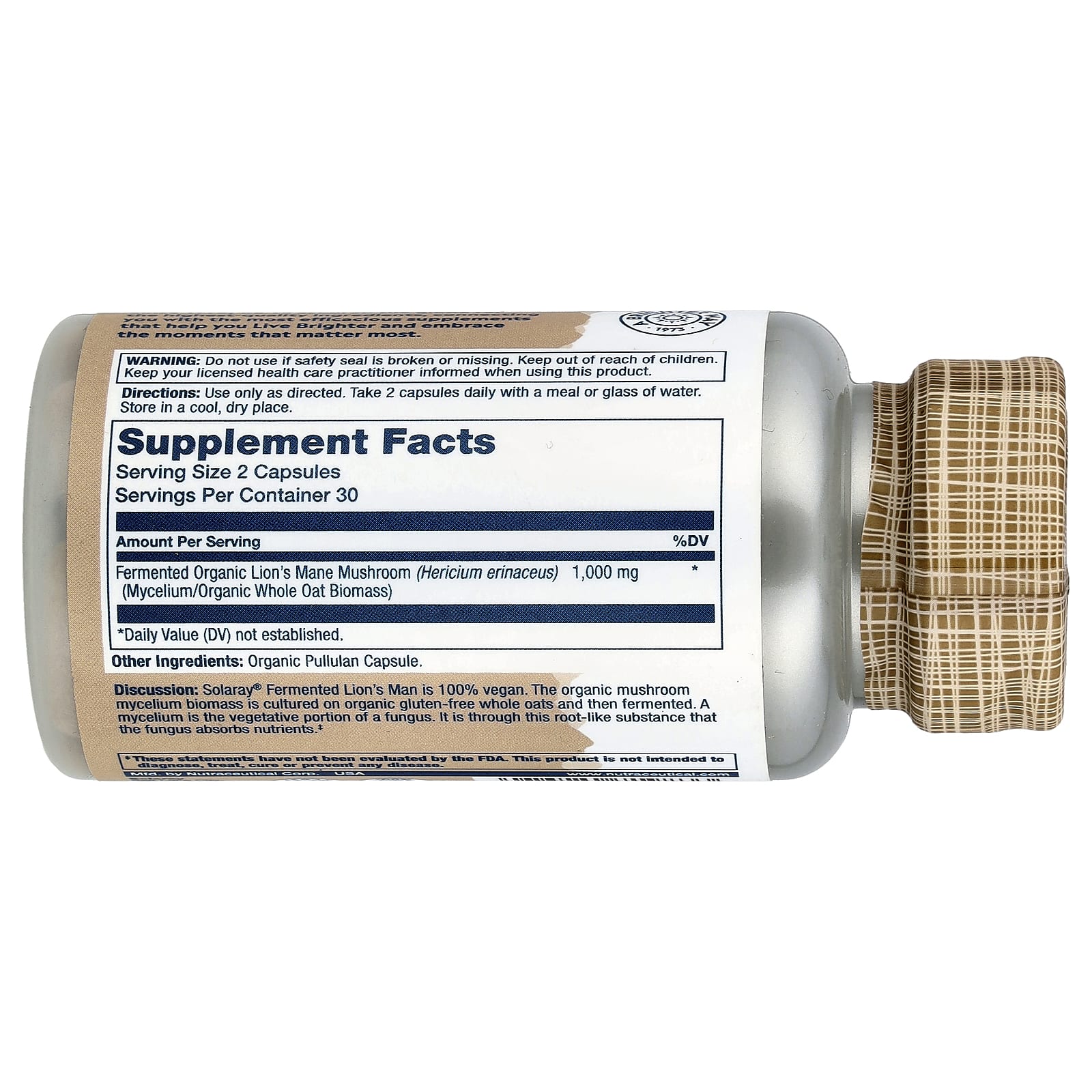 Solaray, Organic Lion's Mane, Fermented, 60 Organic Capsules (500 mg per Capsule)