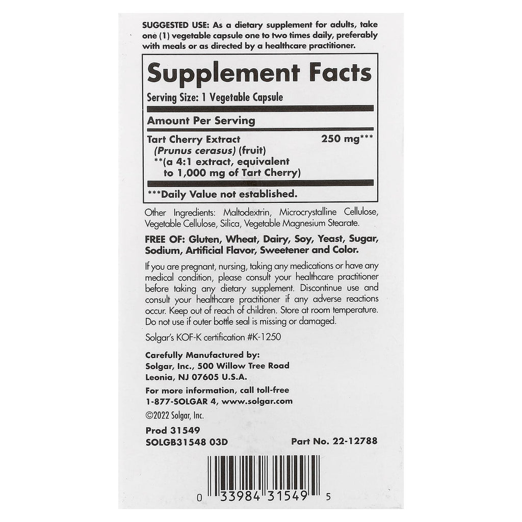 Solgar, Tart Cherry Extract, 1,000 mg, 90 Vegetable Capsules