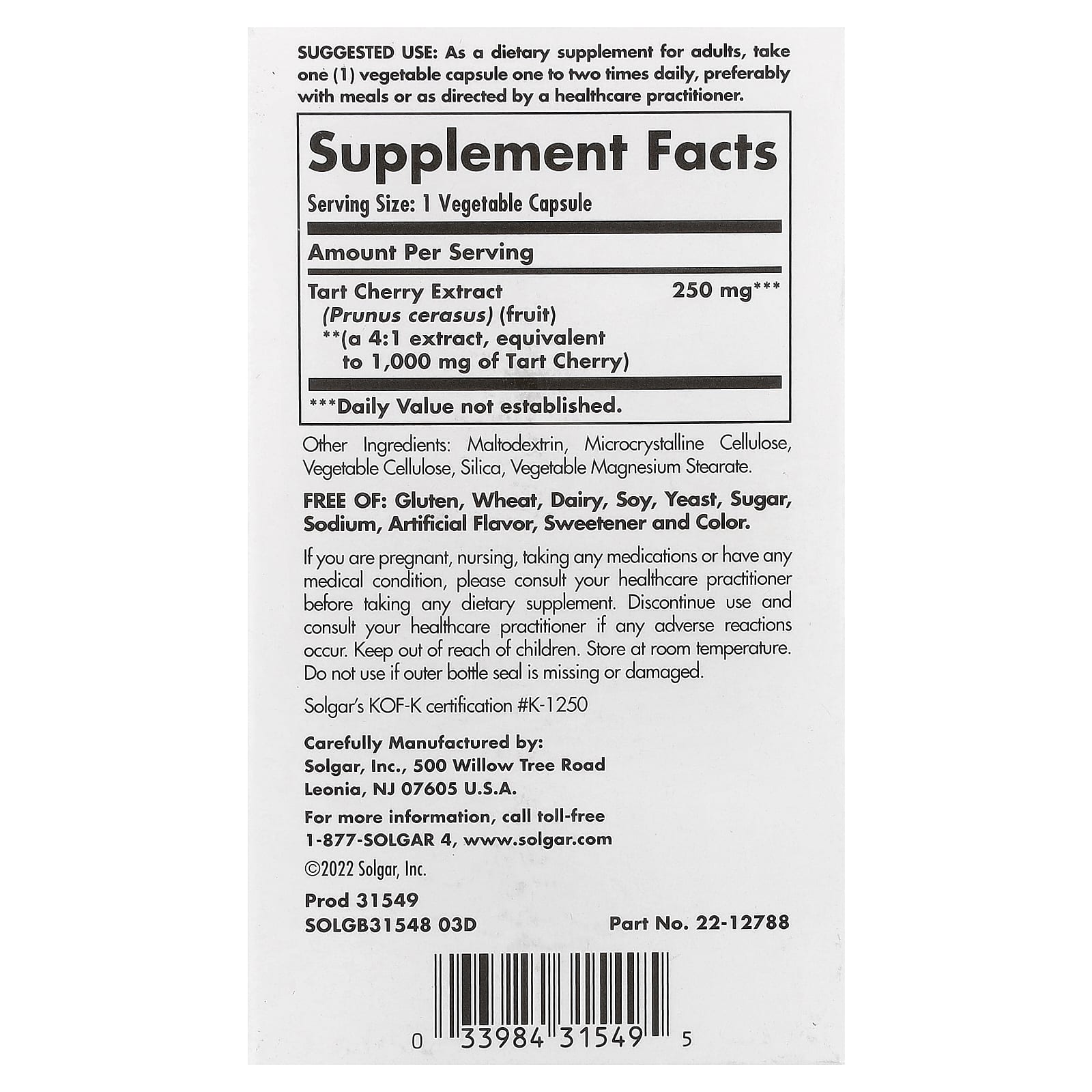 Solgar, Tart Cherry Extract, 1,000 mg, 90 Vegetable Capsules