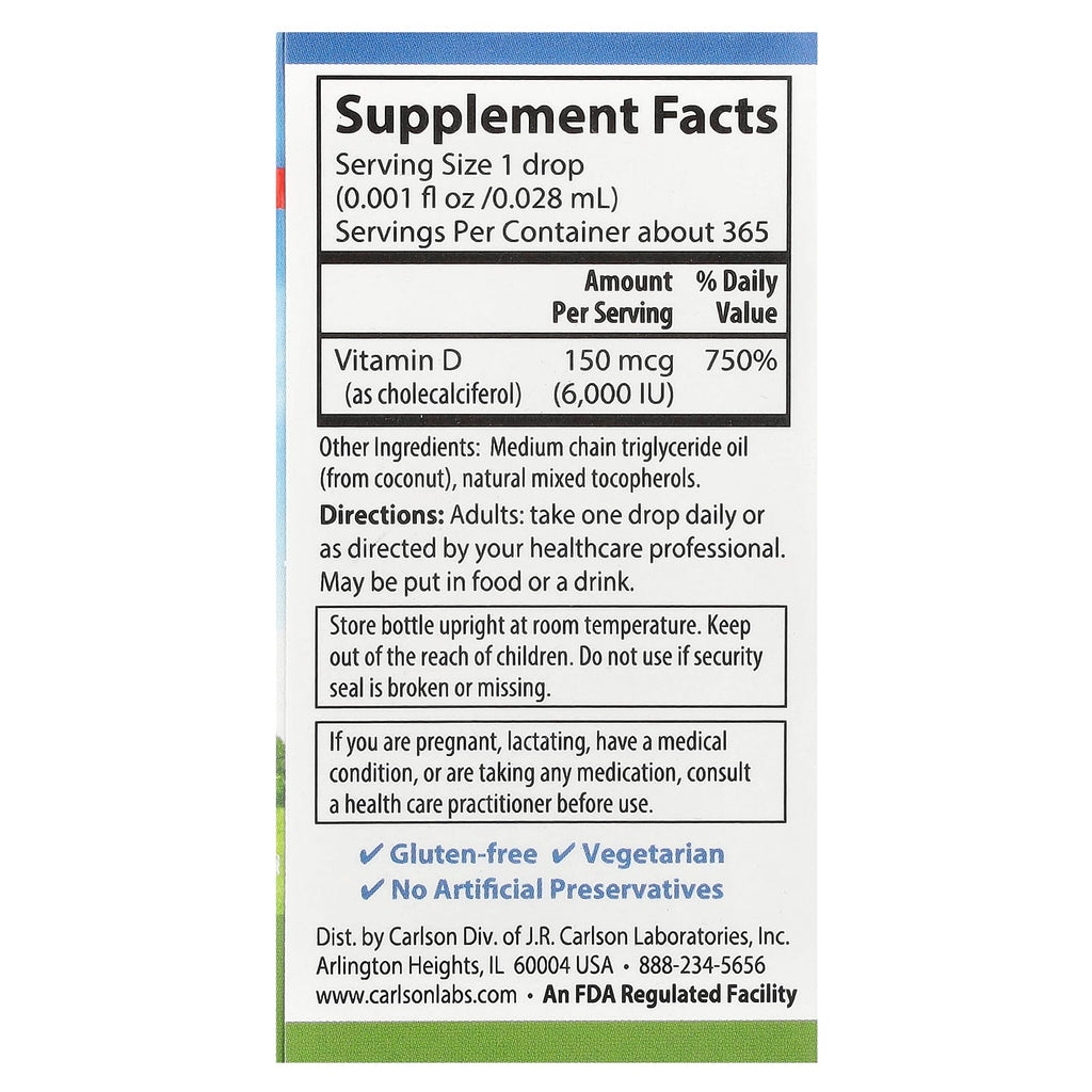 Carlson, Super Daily® D3, 150 mcg (6,000 IU), 0.35 fl oz (10.3 ml)
