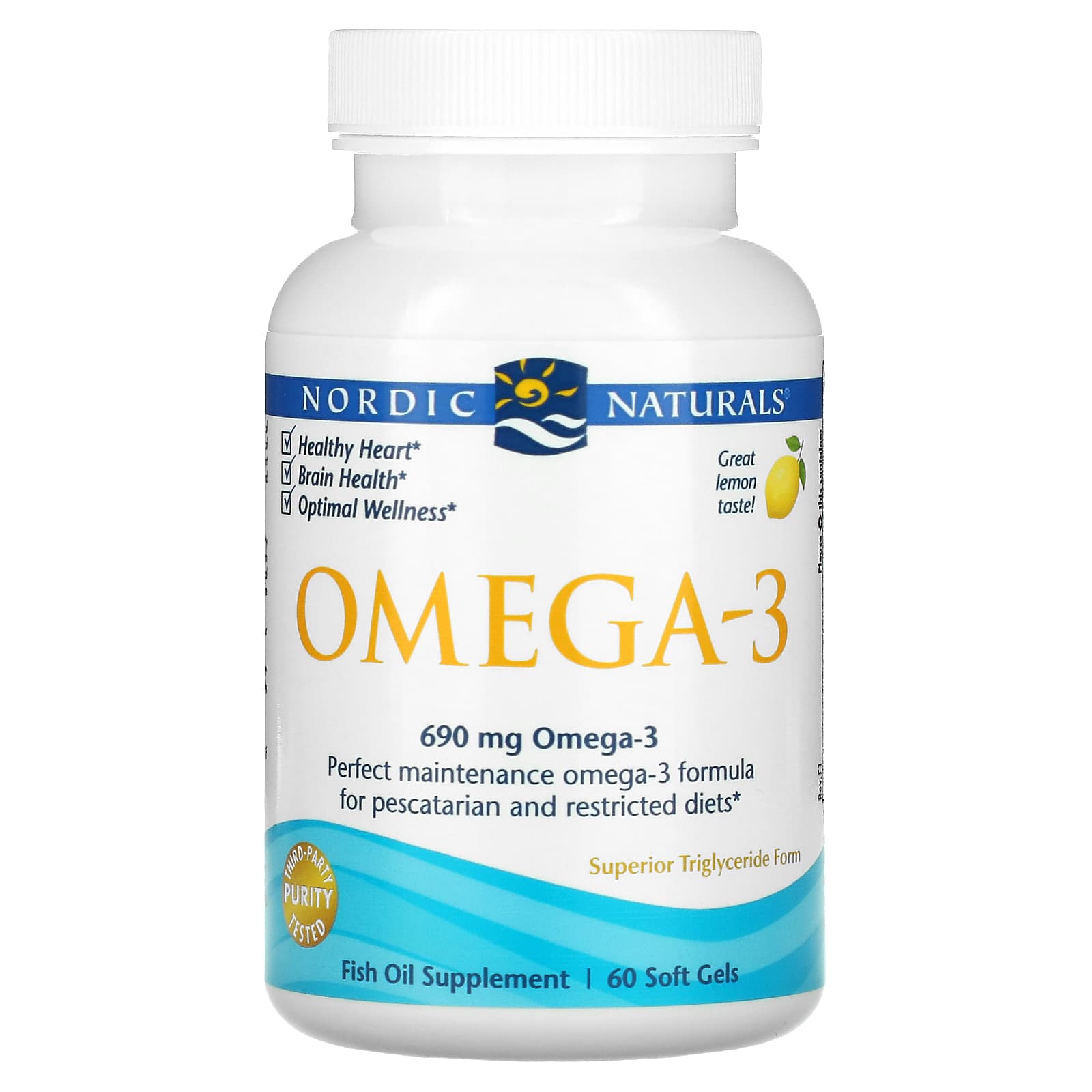 Nordic Naturals, Omega-3, Lemon, 60 Fish Gelatin Soft Gels (345 mg per Soft Gel)