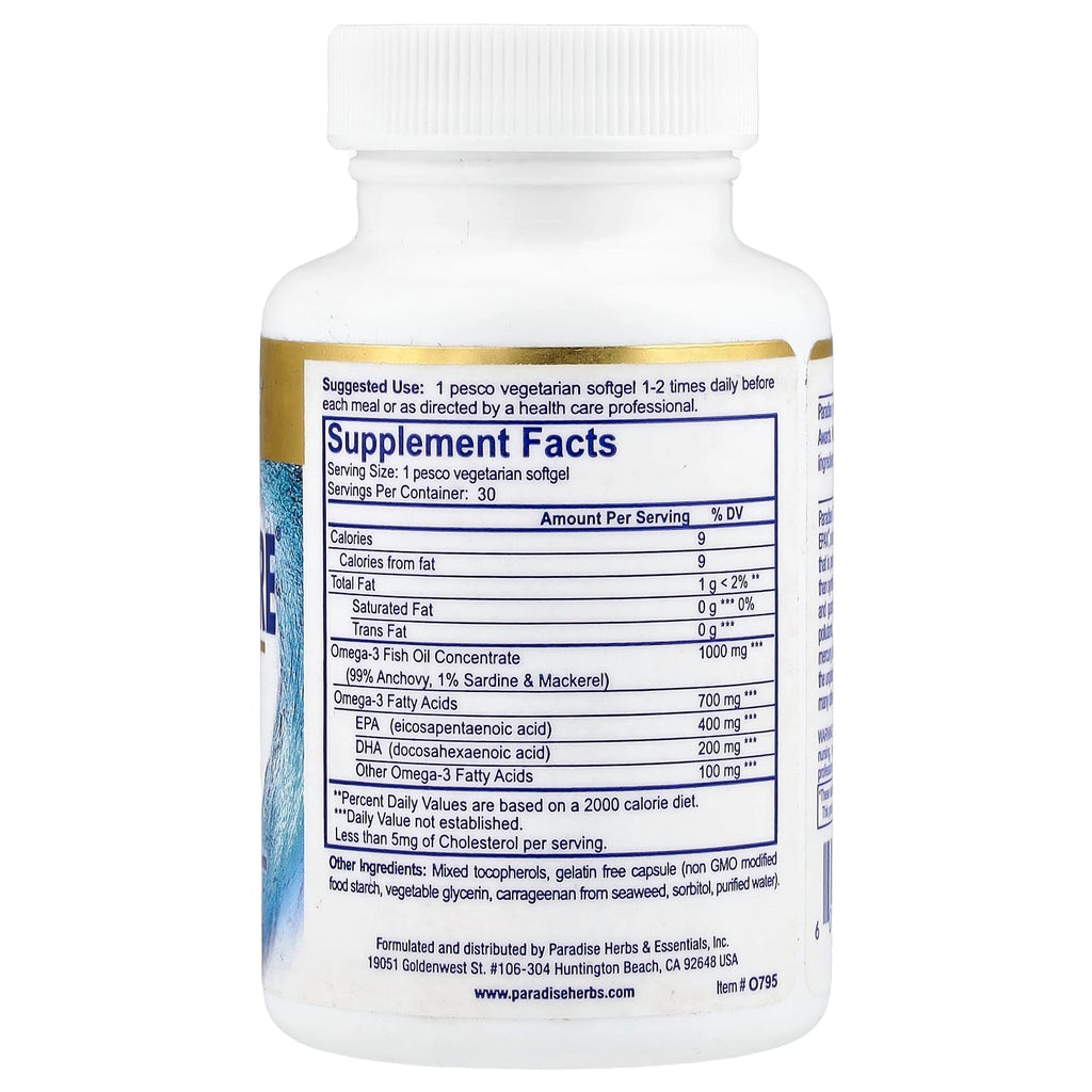 Paradise Herbs, Omega Sure®, Premium Omega-3 Fish Oil, 1,000 mg, 30 Pesco Vegetarian Softgels