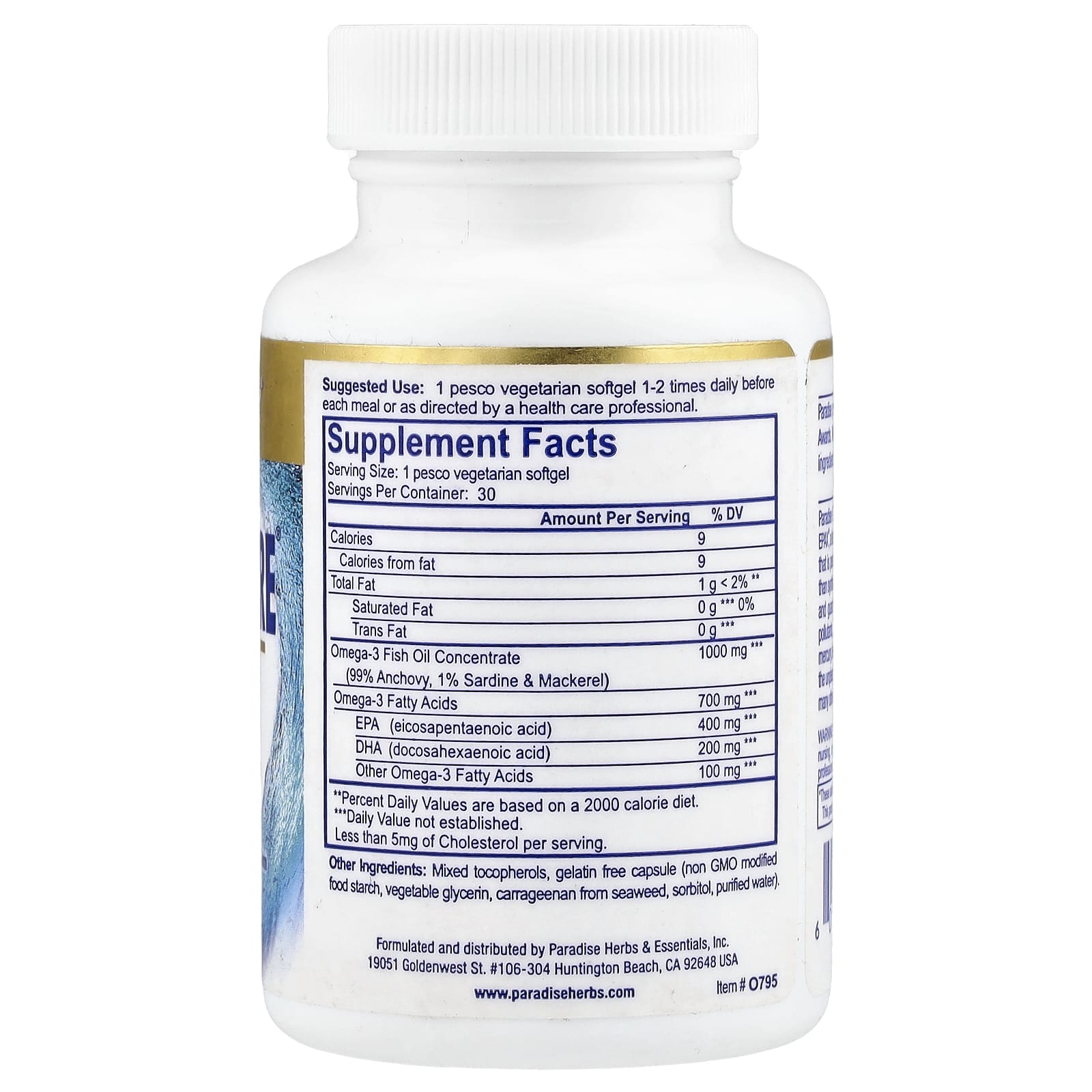 Paradise Herbs, Omega Sure®, Premium Omega-3 Fish Oil, 1,000 mg, 30 Pesco Vegetarian Softgels