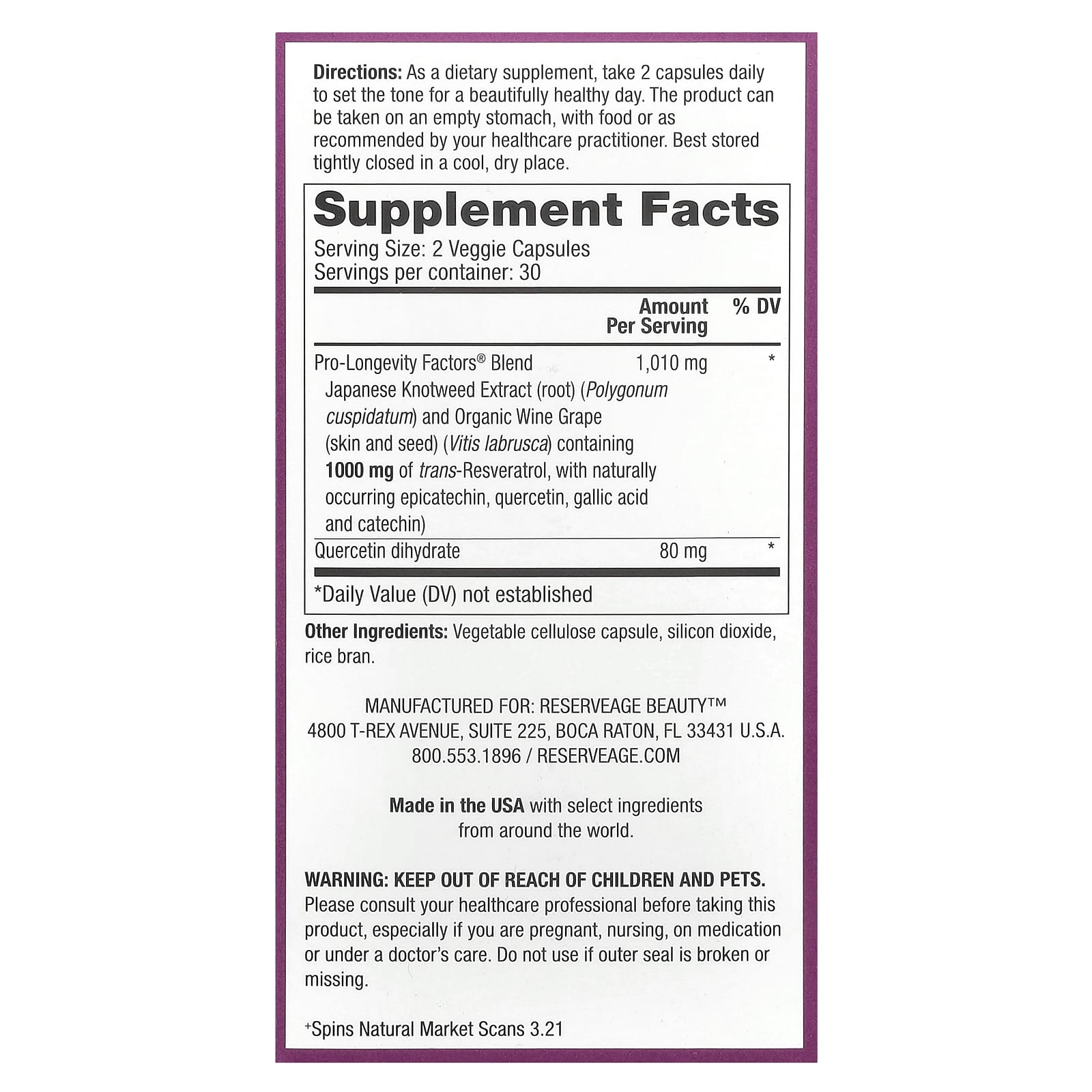Reserveage Beauty, Resveratrol, 60 Veggie Capsules
