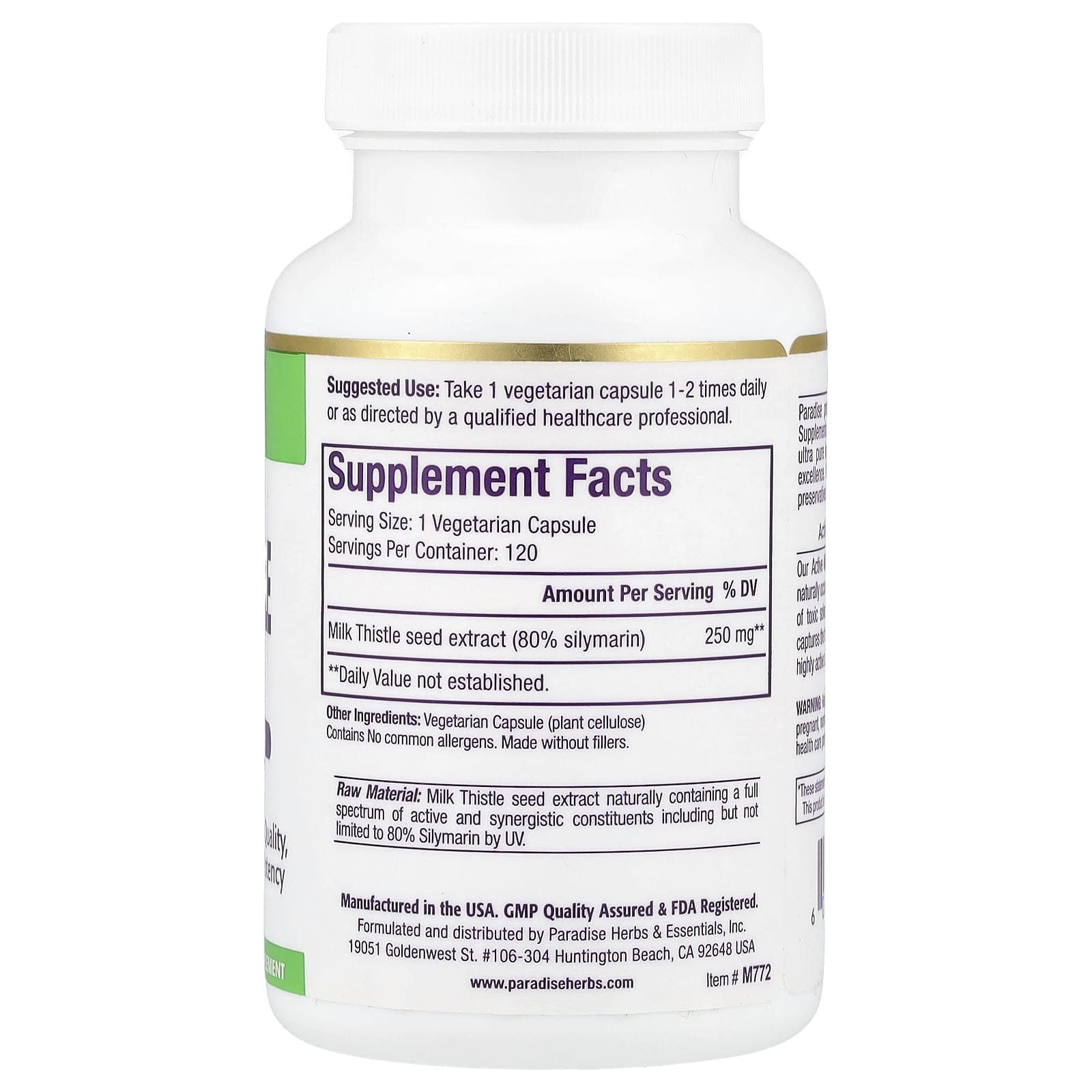 Paradise Herbs, Milk Thistle Extract, 120 Vegetarian Capsules (250 mg per Capsule)