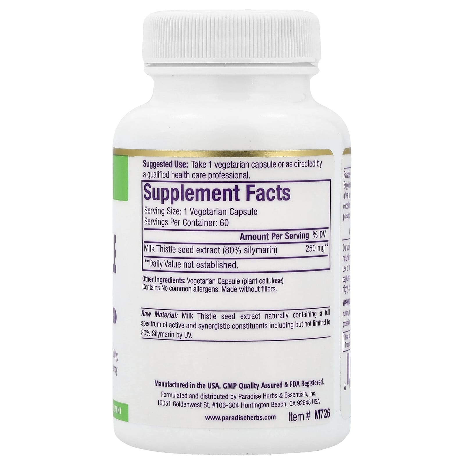 Paradise Herbs, Milk Thistle Extract, 60 Vegetarian Capsules (250 mg per Capsule)