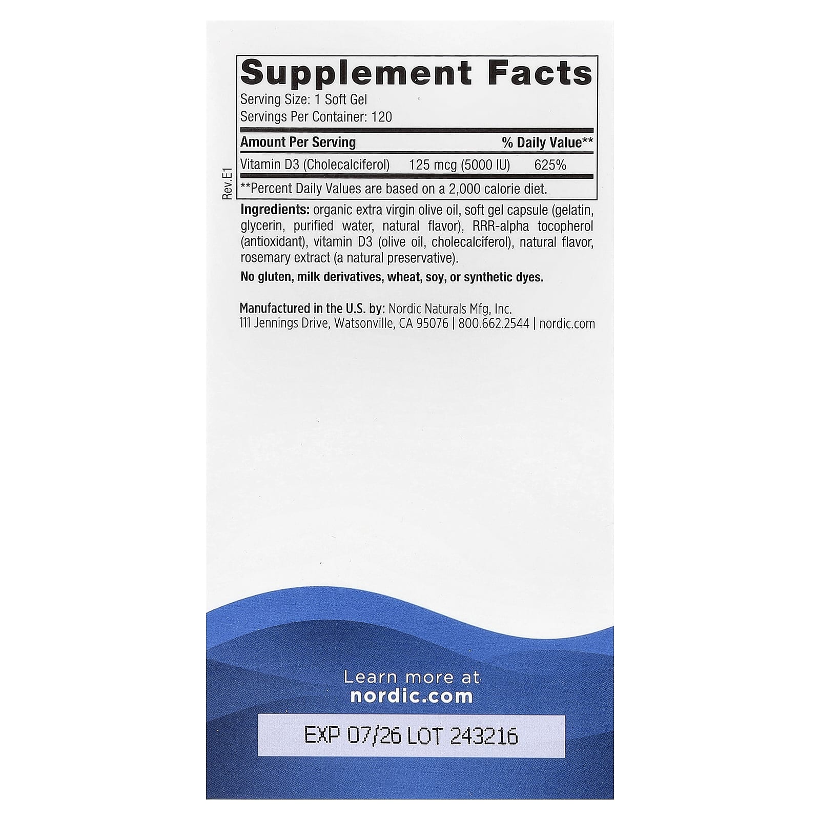 Nordic Naturals, Vitamin D3 5000, Orange, 125 mcg (5,000 IU), 120 Mini Soft Gels