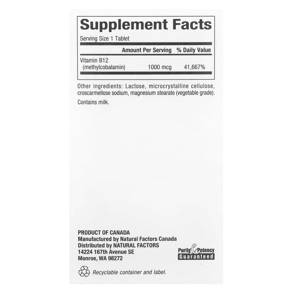 Natural Factors, B12, Methylcobalamin, 1,000 mcg, 180 Chewable Tablets