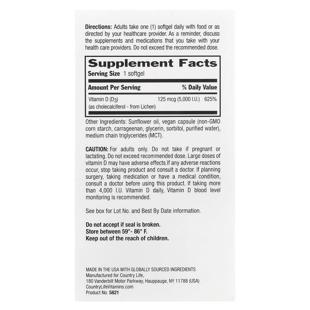 Country Life, Certified Vegan D3, 125 mcg (5,000 IU), 60 Vegan Softgels