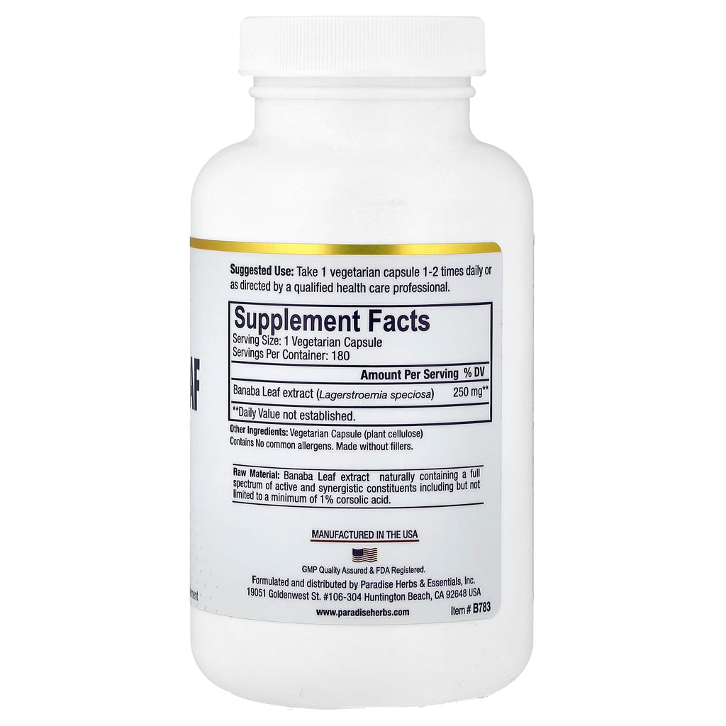 Paradise Herbs, Banaba Leaf Extract, 180 Vegetarian Capsules (250 mg per Capsule)