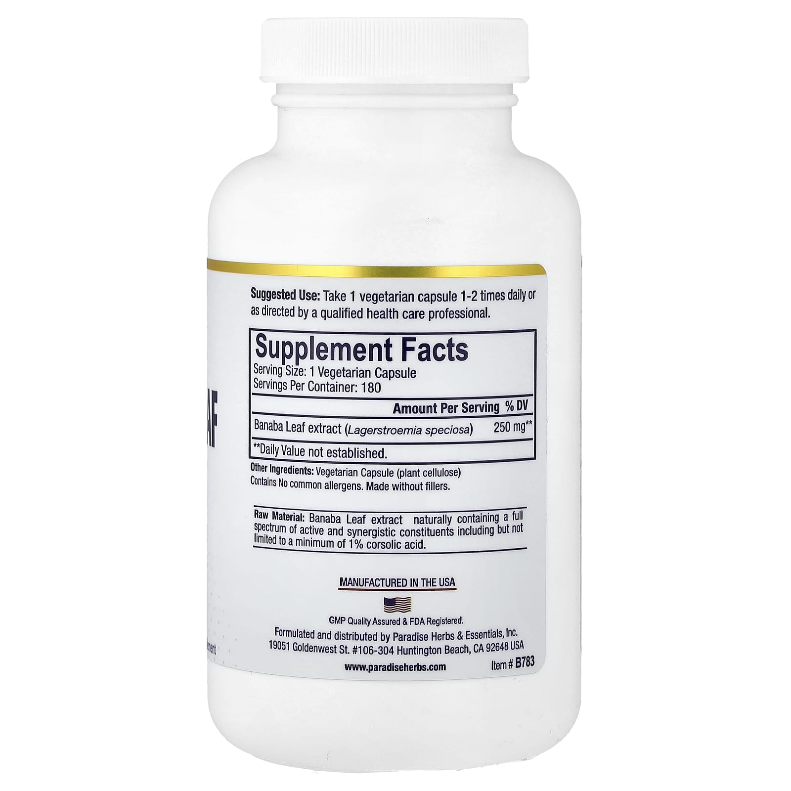 Paradise Herbs, Banaba Leaf Extract, 180 Vegetarian Capsules (250 mg per Capsule)